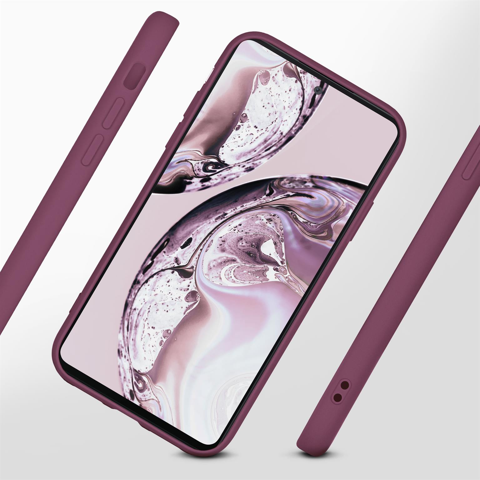 Lila Handyhülle um ein Telefon mit Bildschirm. Zusätzliche Gehäuseteile sind zu sehen.