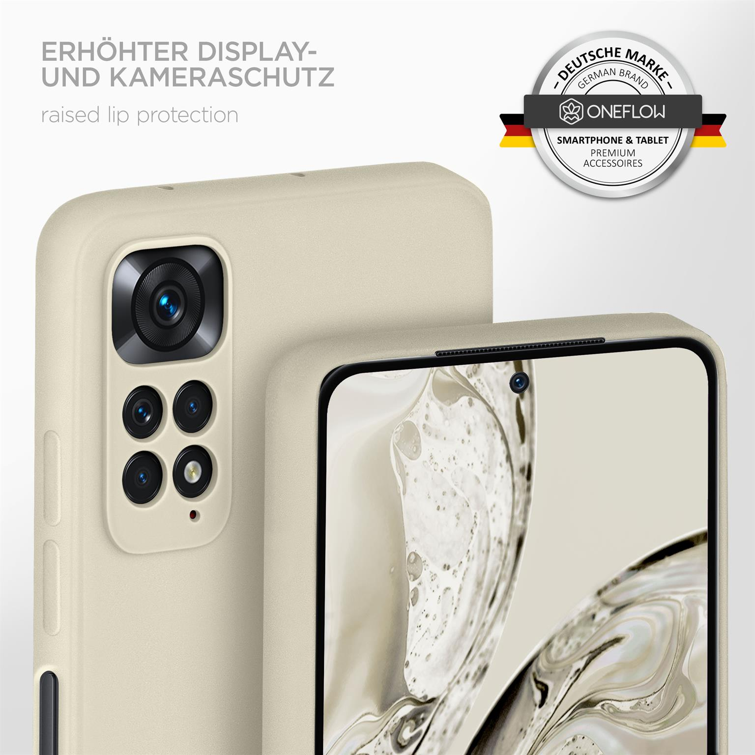 Beige Handyhülle mit erhöhtem Kameraschutz. Ein Telefon wird angezeigt.