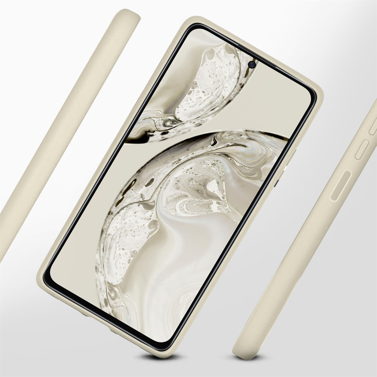 Smartphone mit Hülle, Hülle und Telefon beige, Hintergrund weiß.
