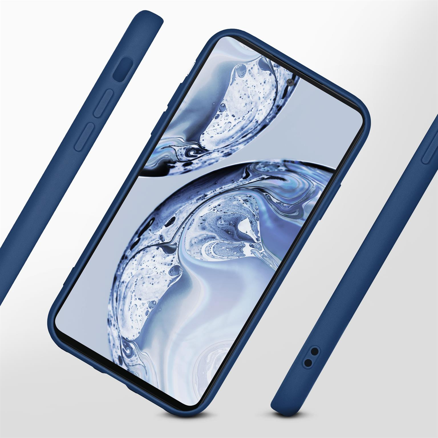 Blaue Handyhülle mit Telefon im Inneren. Isolierte Ansicht mit abgenommenen Gehäuseteilen.