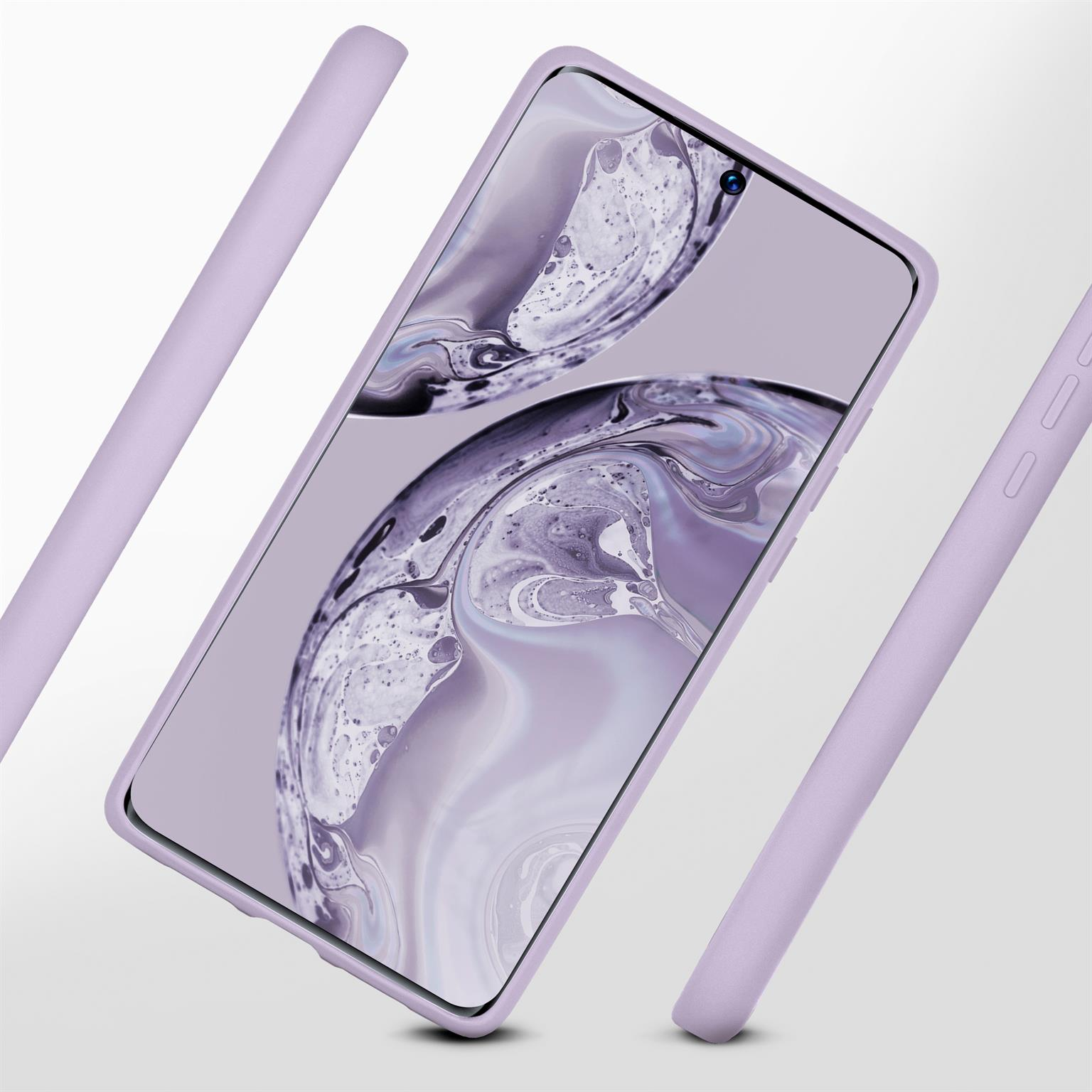 Ein lila Telefon in einer Hülle. Zwei lila Stäbe und ein weißer Hintergrund.