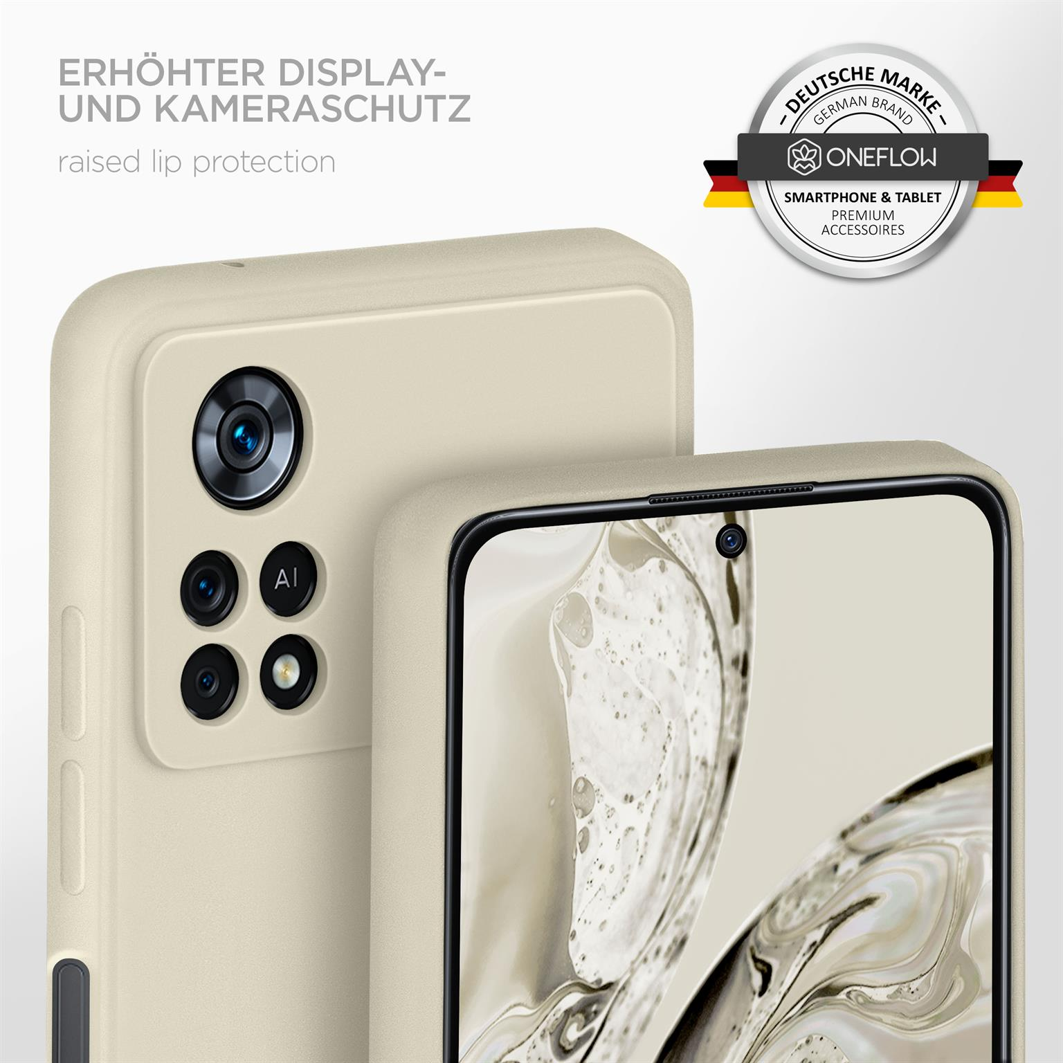 Ein Telefon in einer beigen Hülle auf einem kabellosen Ladegerät, Qi-Symbol sichtbar.