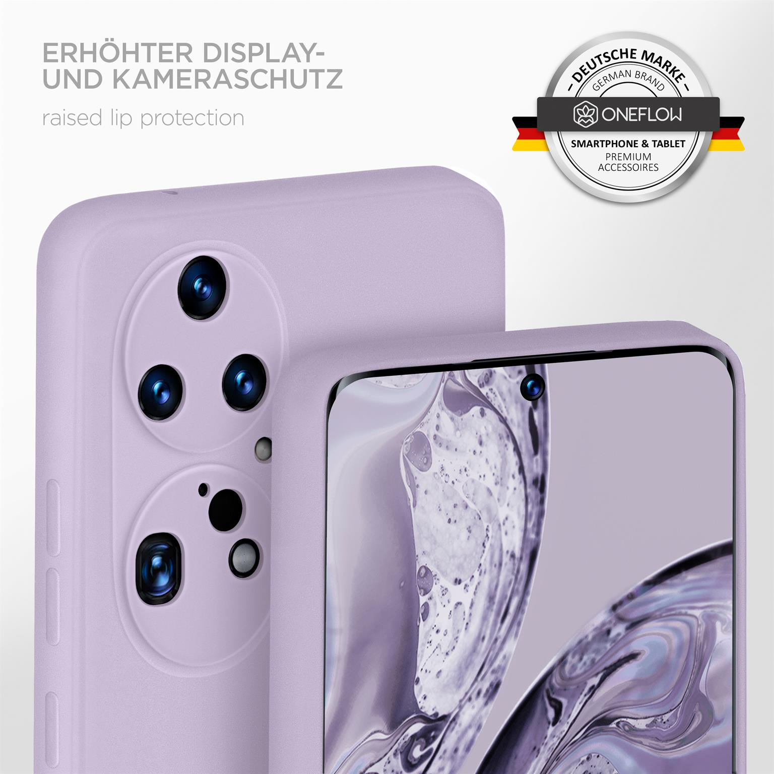Eine hellviolette Telefonhülle auf einem Telefon. Die Hülle hat einen erhöhten Rand zum Schutz der Kamera.