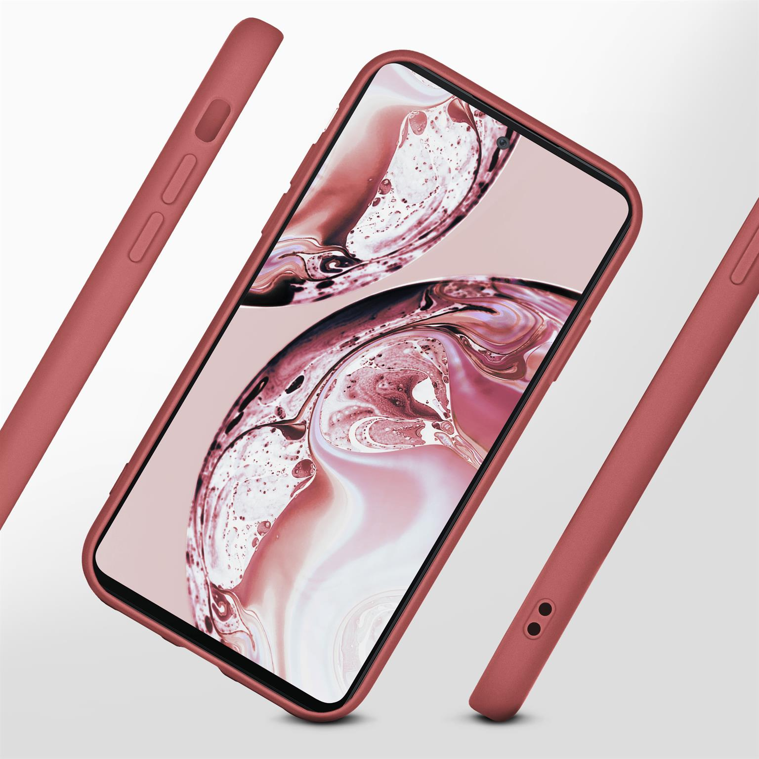 Rotes Handyhüllen-Set. Eine Handyhülle und zwei weitere Teile mit Telefon. Weißer Hintergrund.