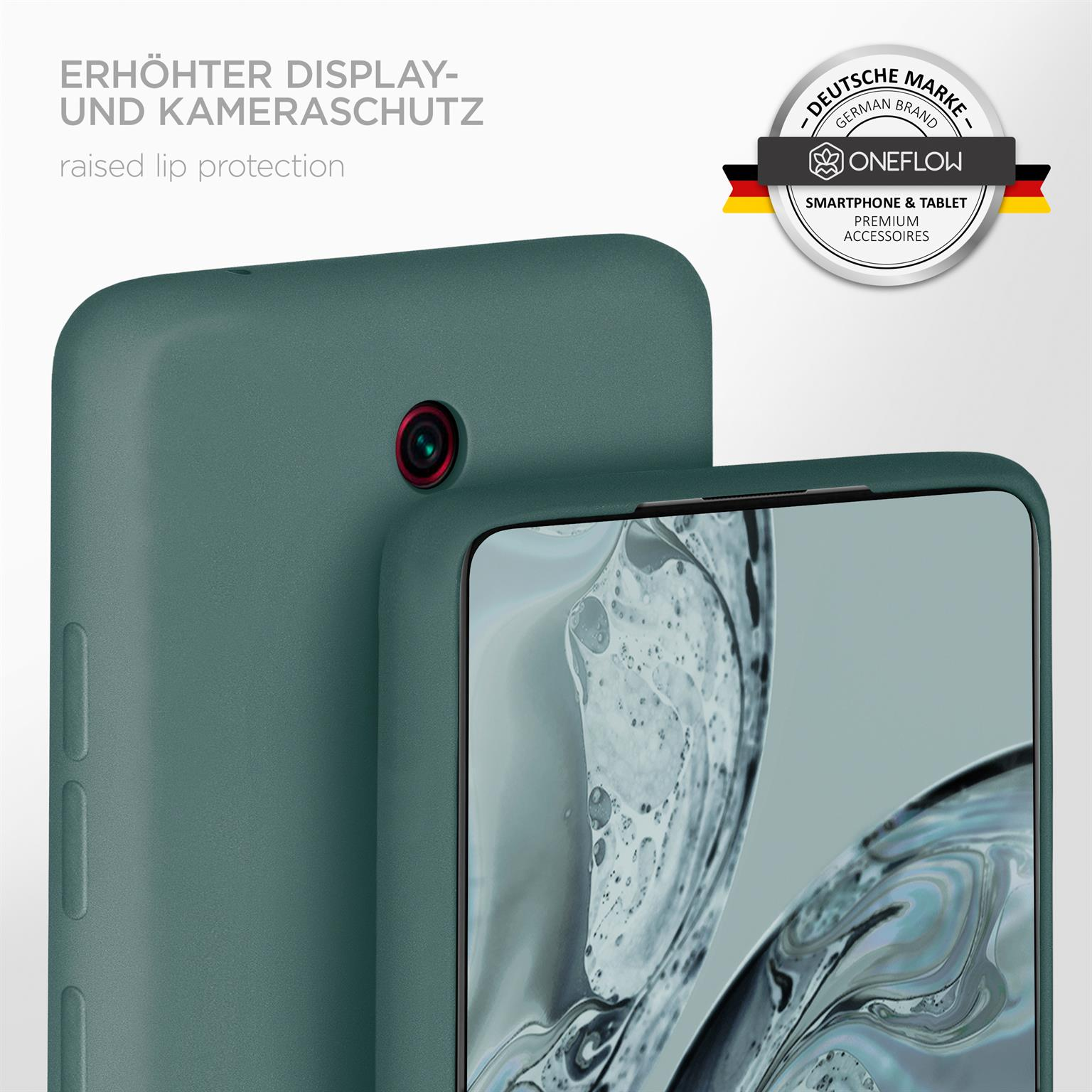 Zwei Handyhüllen; eine auf einem Telefon, eine abgenommen. Grüne Farbe. Erhöhter Lippenschutz.
