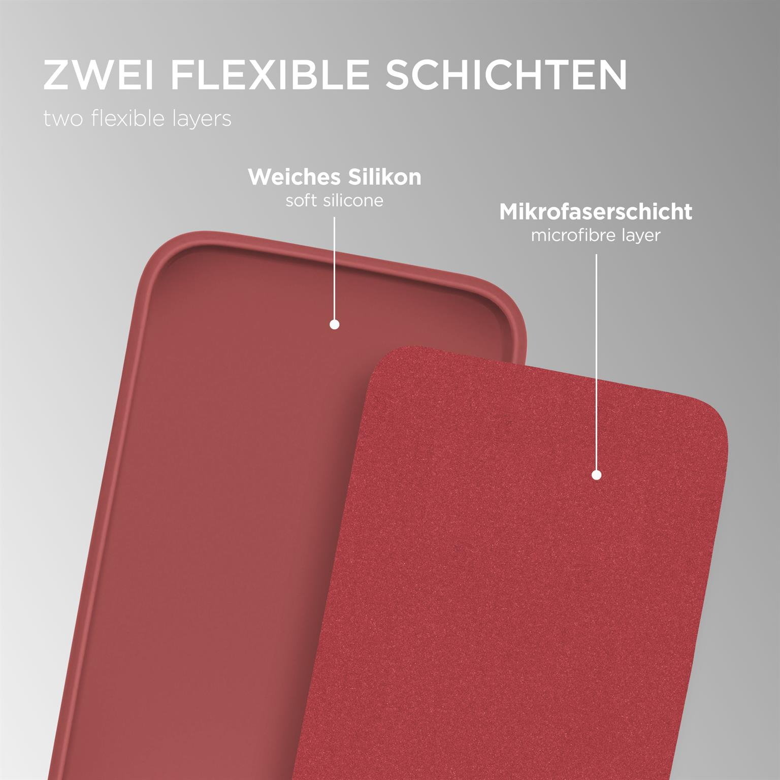 Zwei rote Schichten einer Handyhülle werden gezeigt, weiches Silikon und eine Mikrofaser-Schicht, Nahaufnahme.