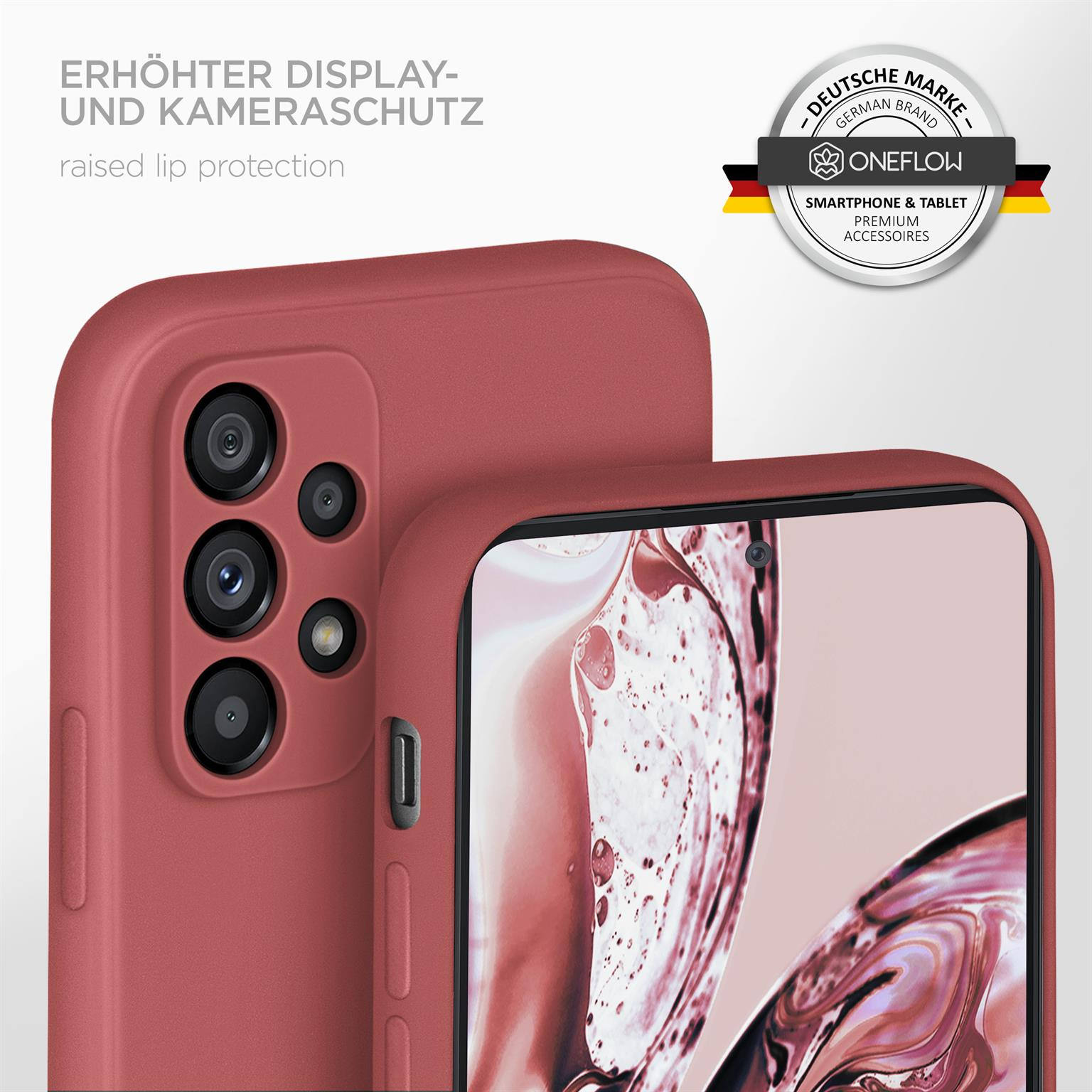 Eine rosa Handyhülle. Sie liegt auf einem Handy, die Handykamera ist sichtbar. Text: Erhöhter Lippenschutz.