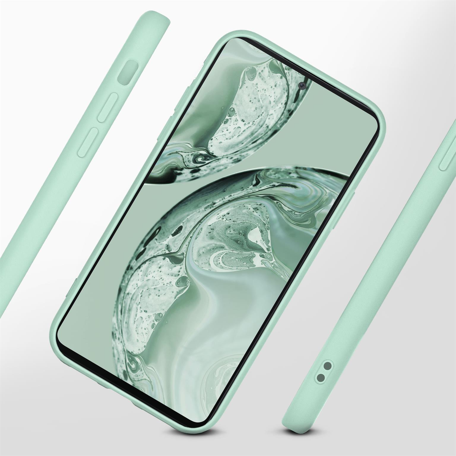 Minzgrüne Handyhülle und Telefon. Das Telefon zeigt ein farbenfrohes Bild. Drei Gehäuseteile werden gezeigt.
