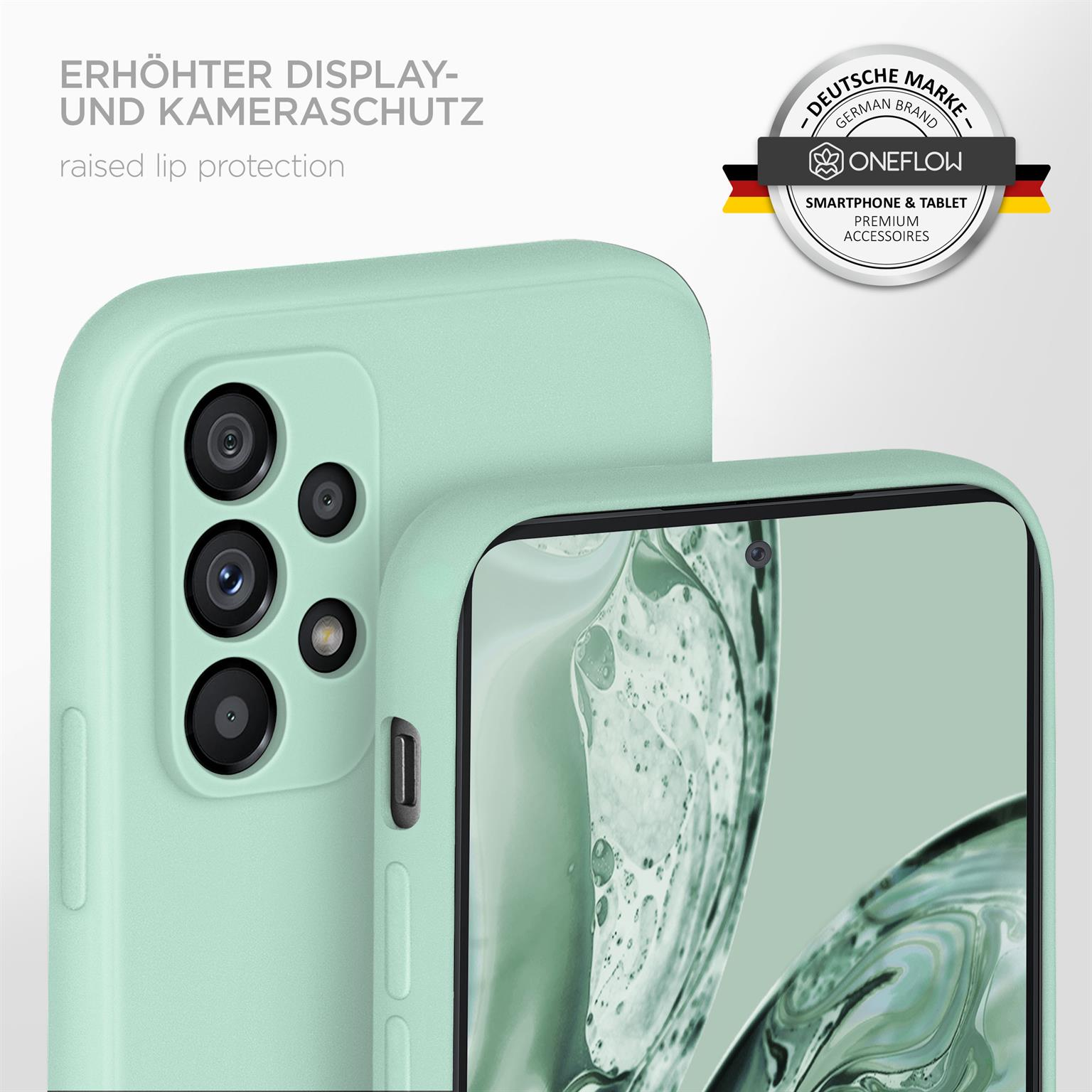 Minzgrüne Handyhülle mit Telefon. Text links. Logo rechts.