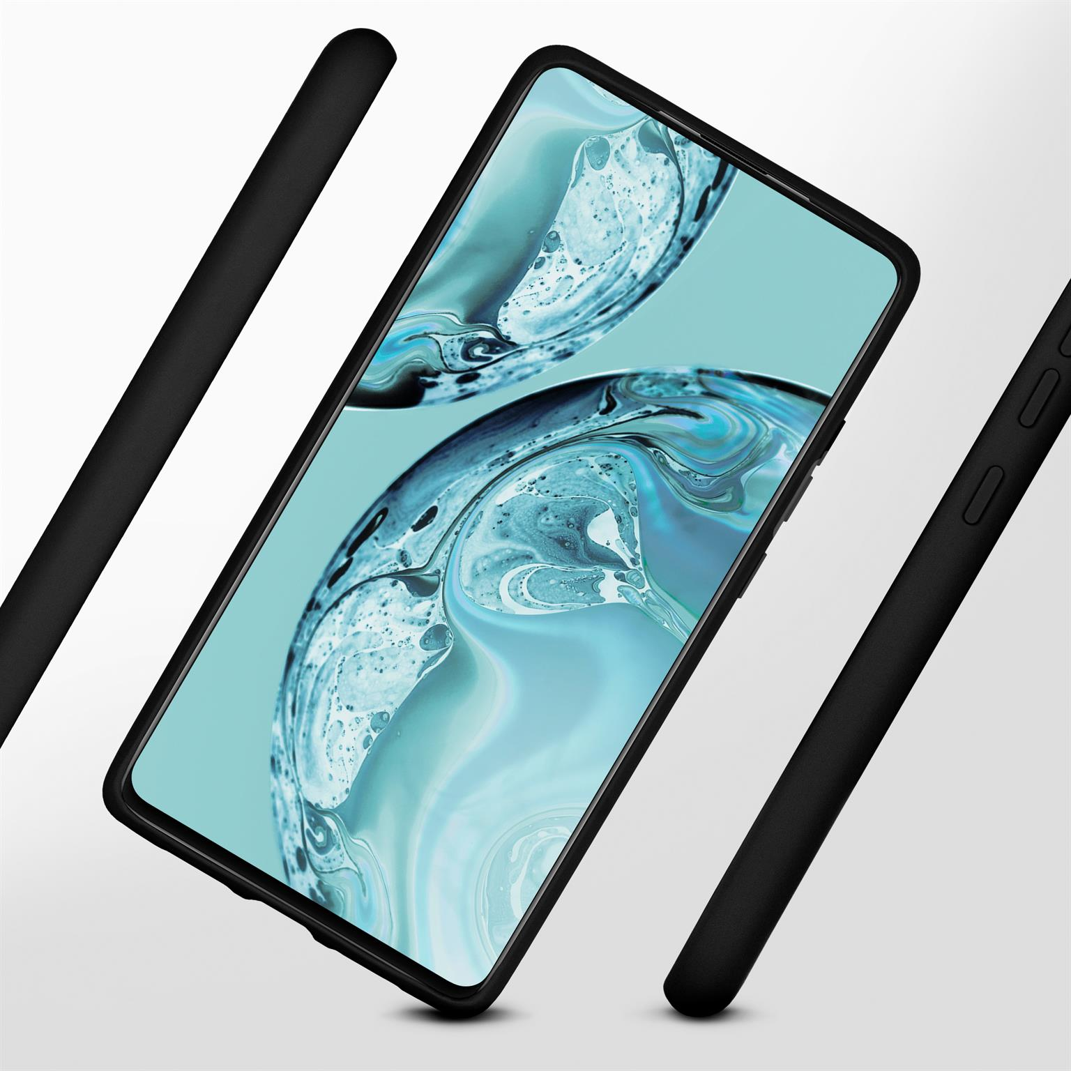 Schwarze Handyhülle mit Telefon darin, angewinkelt. Zwei schwarze Balken umrahmen das Gerät.