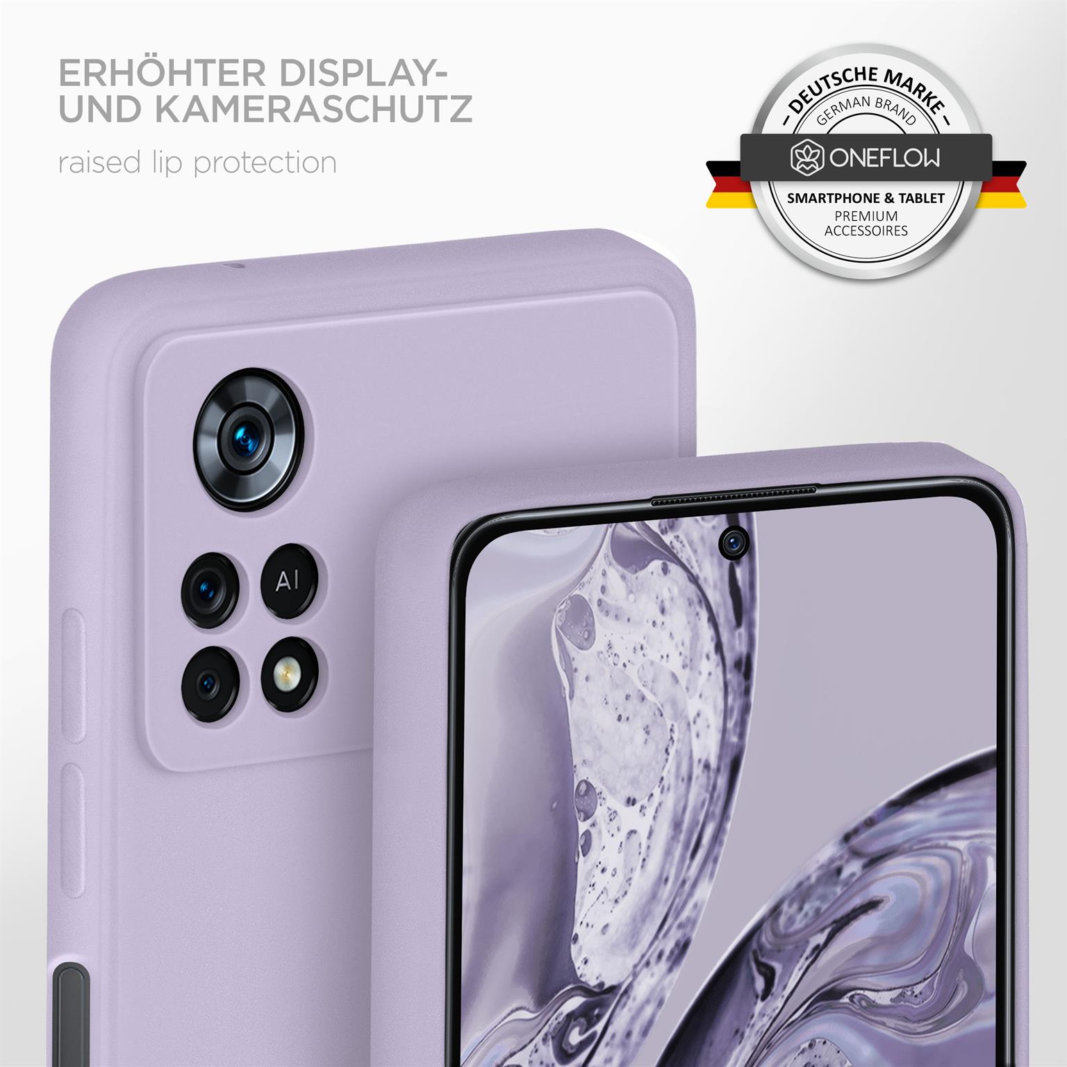 Zwei flexible Schichten einer Handyhülle. Oben weiches Silikon, unten eine Mikrofaser-Schicht.