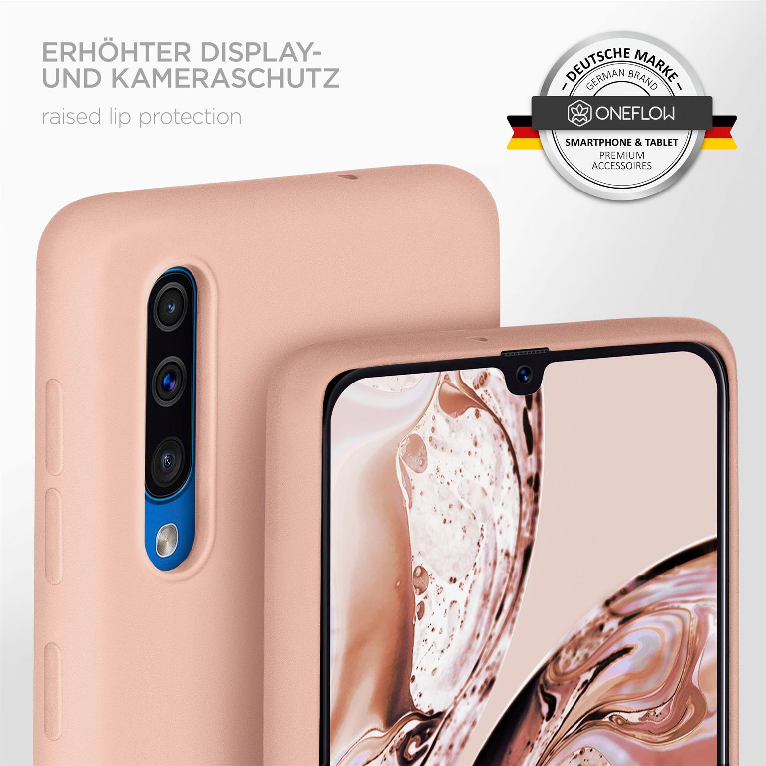 Nahaufnahme eines Telefons mit Hülle, erhöhter Lippenschutz, rosa Farbe.