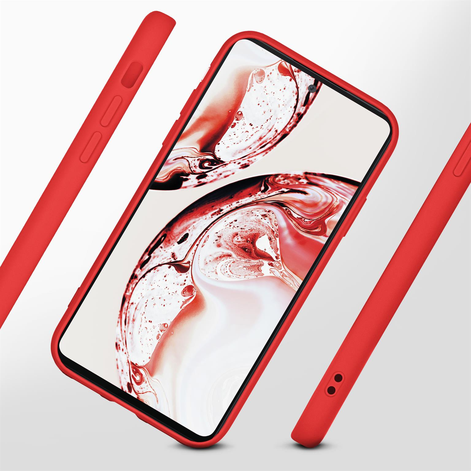 Rote Handyhülle mit Telefon, schräge Ansicht, Teile getrennt.