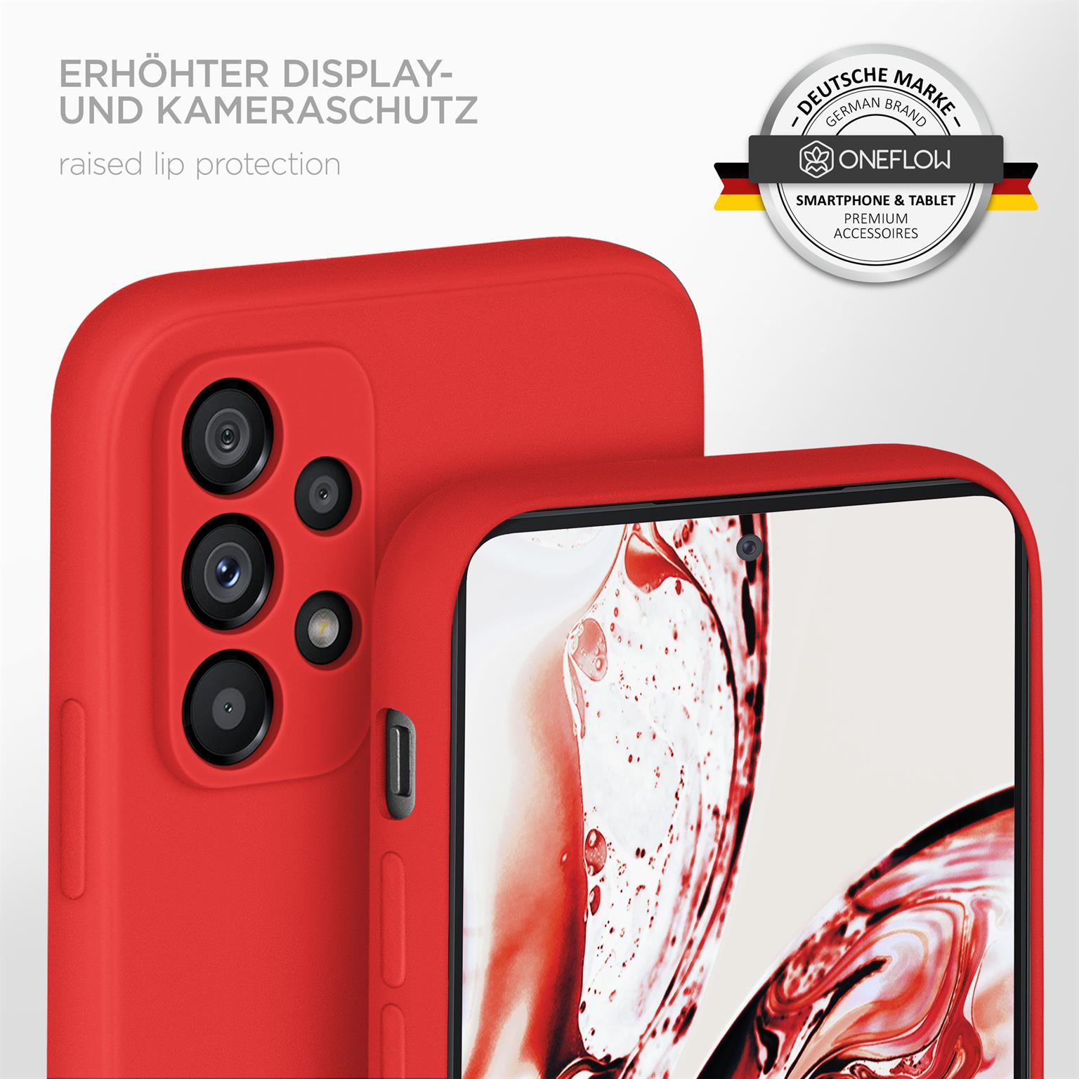 Rote Handyhülle auf einem Telefon. Text: Erhöhter Lippenschutz. Deutsches Markenlogo auf Weiß.
