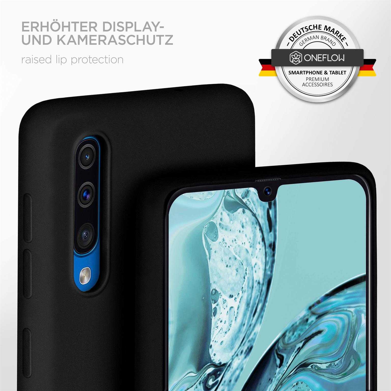 Schwarze Handyhülle mit Smartphone, mit Kamera und Logo, auf weißem Hintergrund.