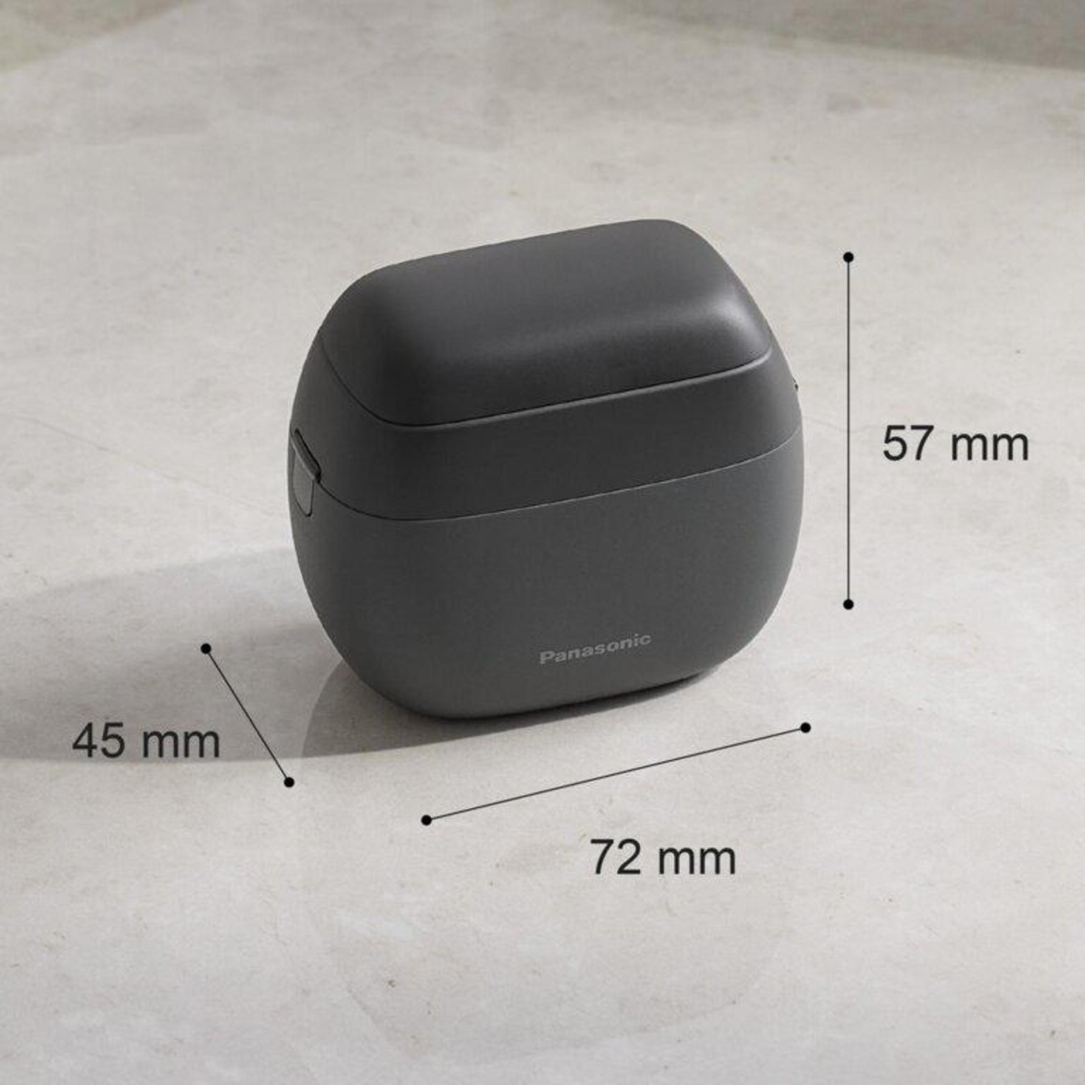 Ciemnoszara obudowa słuchawek Panasonic. Wymiary to 45 mm x 72 mm x 57 mm.