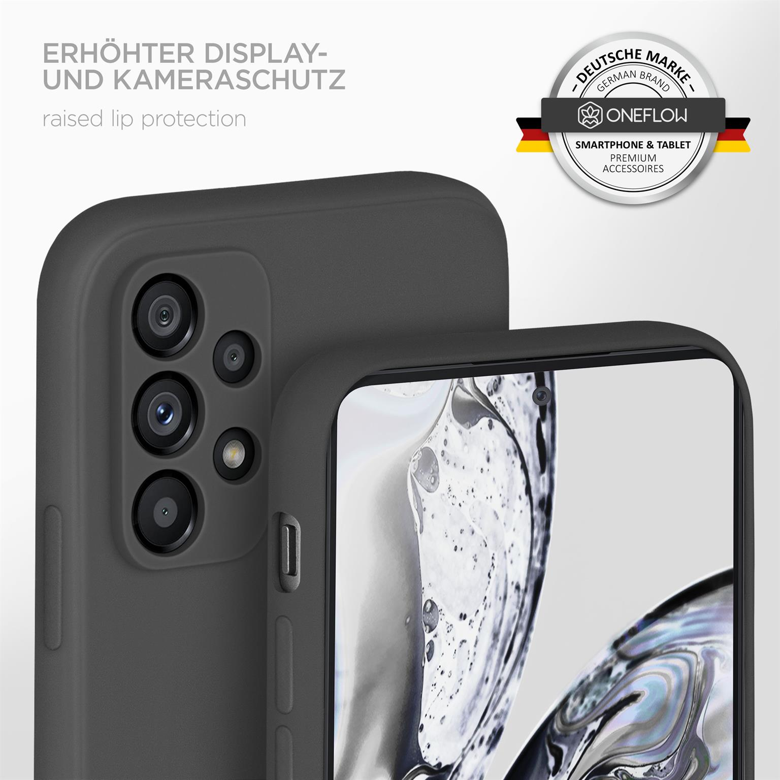 Nahaufnahme einer schwarzen Handyhülle auf einem Telefon mit Kamera und erhöhtem Lippenschutz.