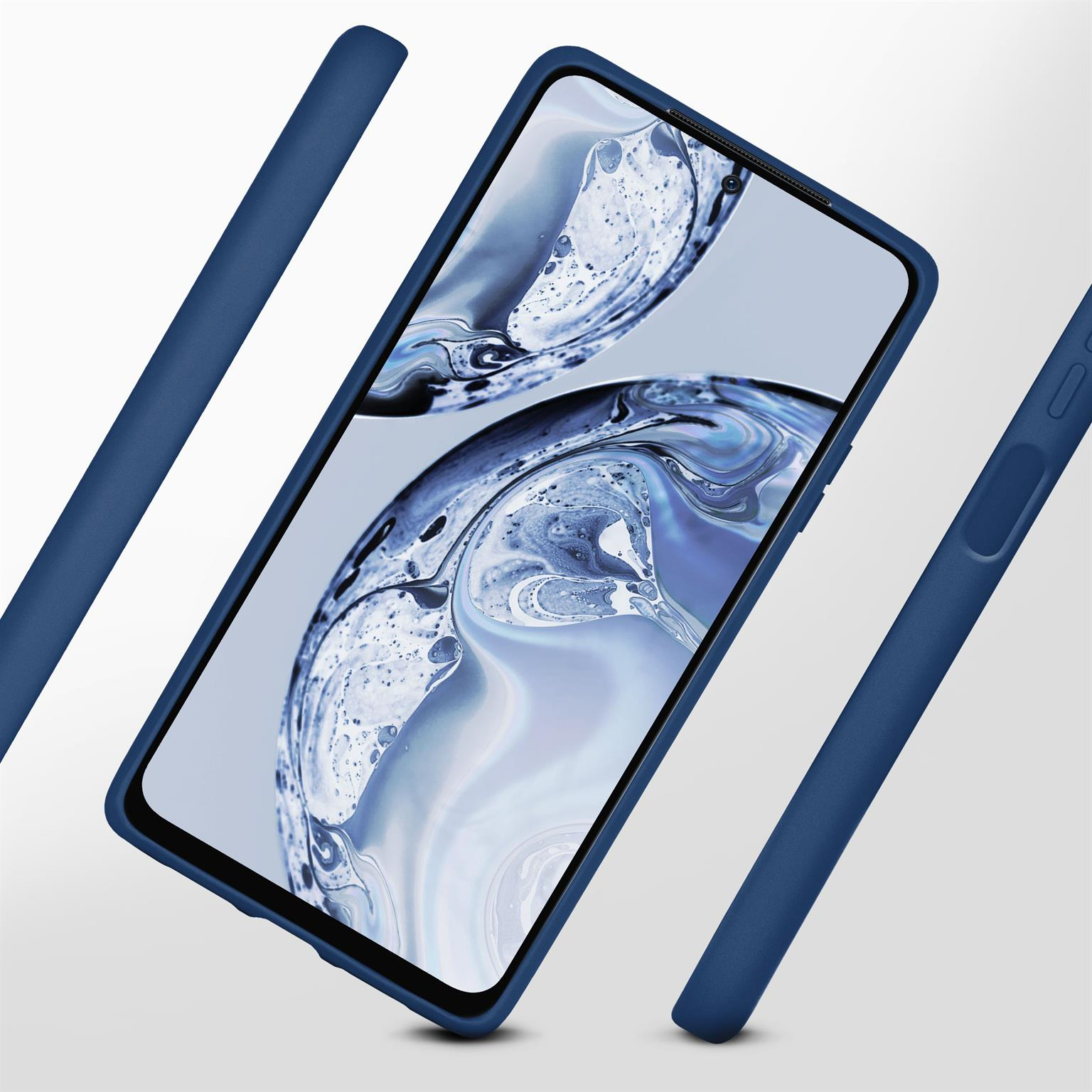 Ein Telefon in einer blauen Hülle, mit einem Bildschirm, der ein farbenfrohes Design zeigt. Zwei weitere blaue Balken sind im Bild.