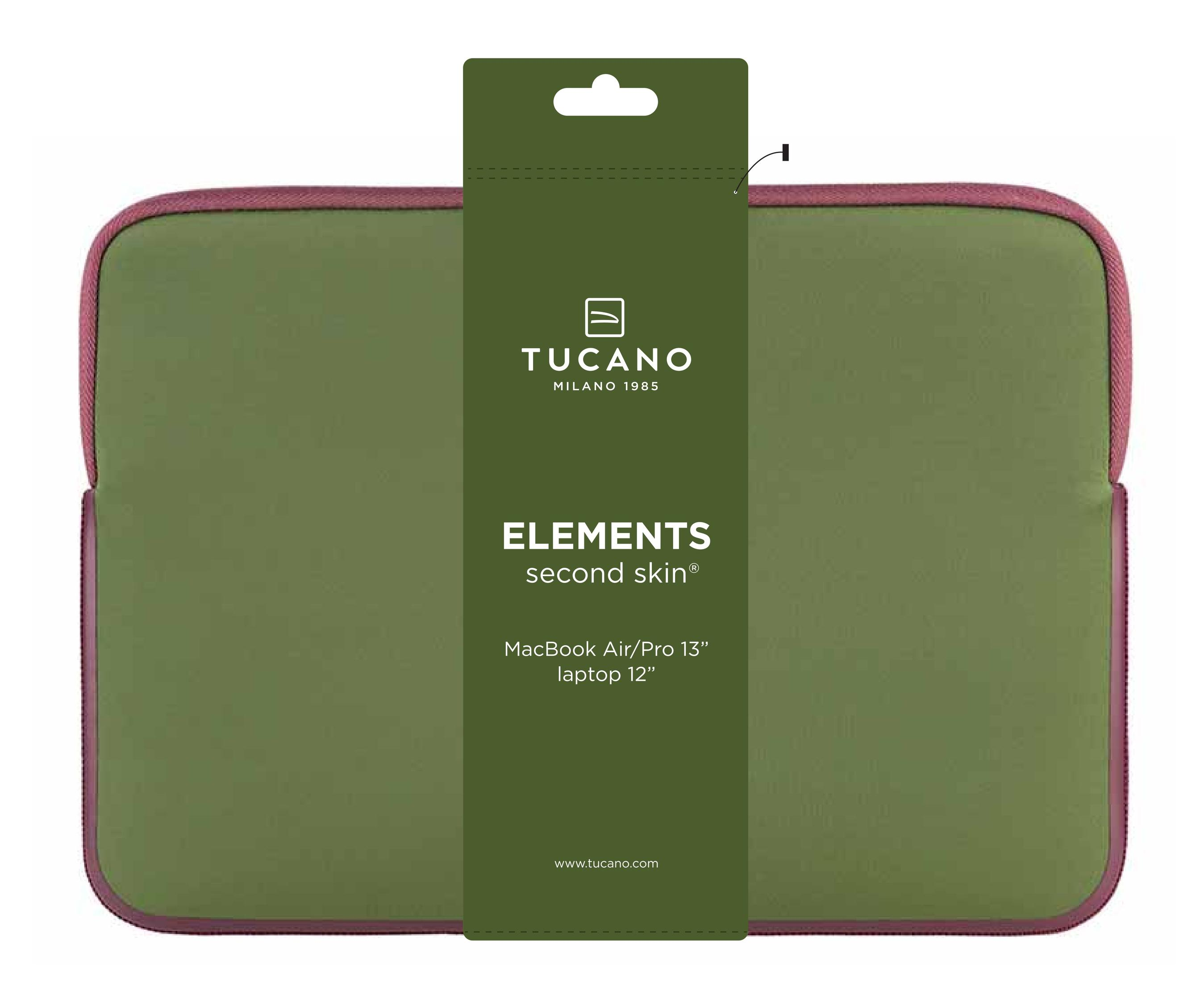Una custodia per laptop Tucano Elements verde e bordeaux con un'etichetta del prodotto.