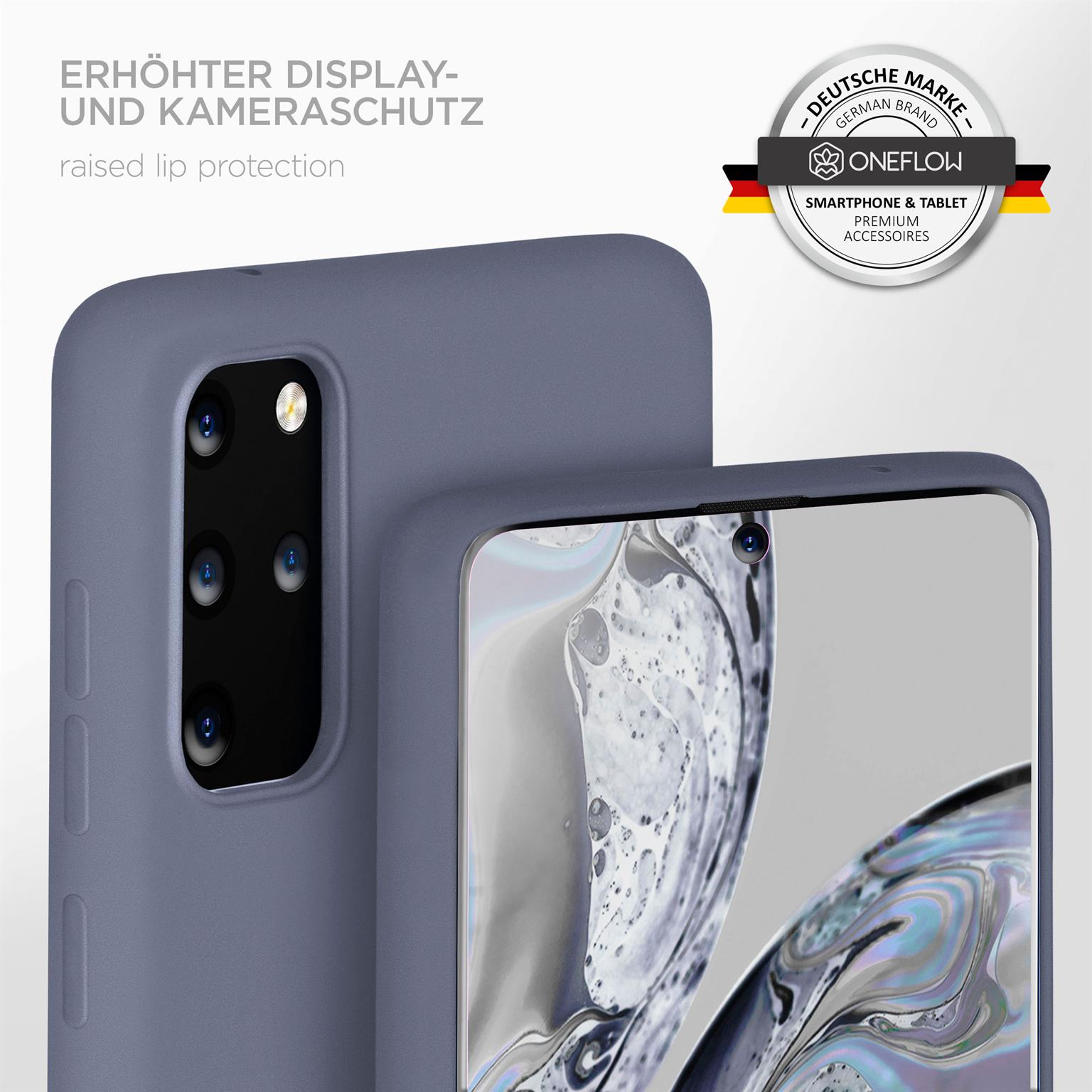 Nahaufnahme einer Handyhülle mit einem Telefon darin. Die Hülle ist blau-grau.