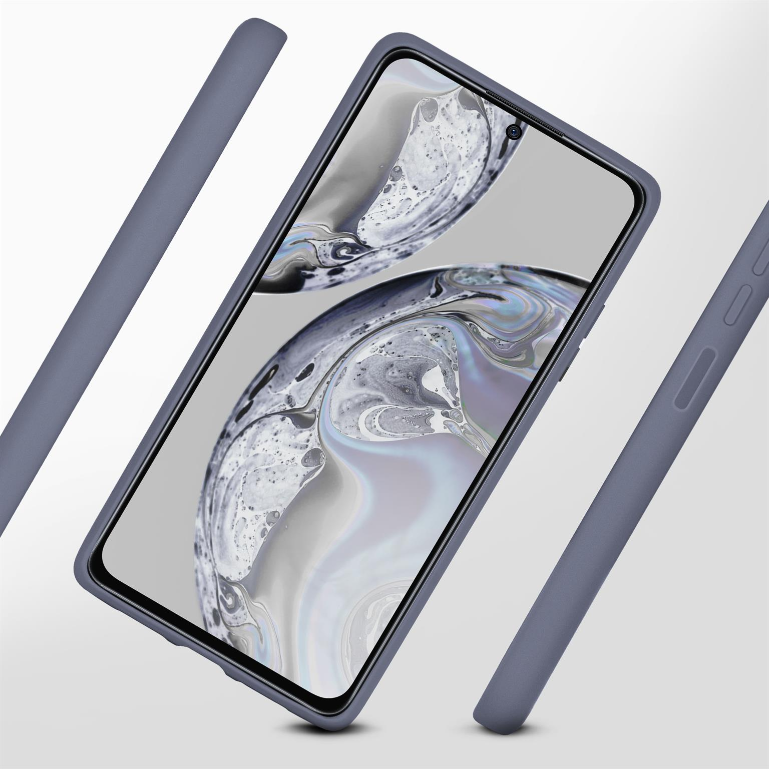 Ein Telefon in einer blauen Hülle, umgeben von anderen Hüllenteilen, auf weißem Hintergrund.