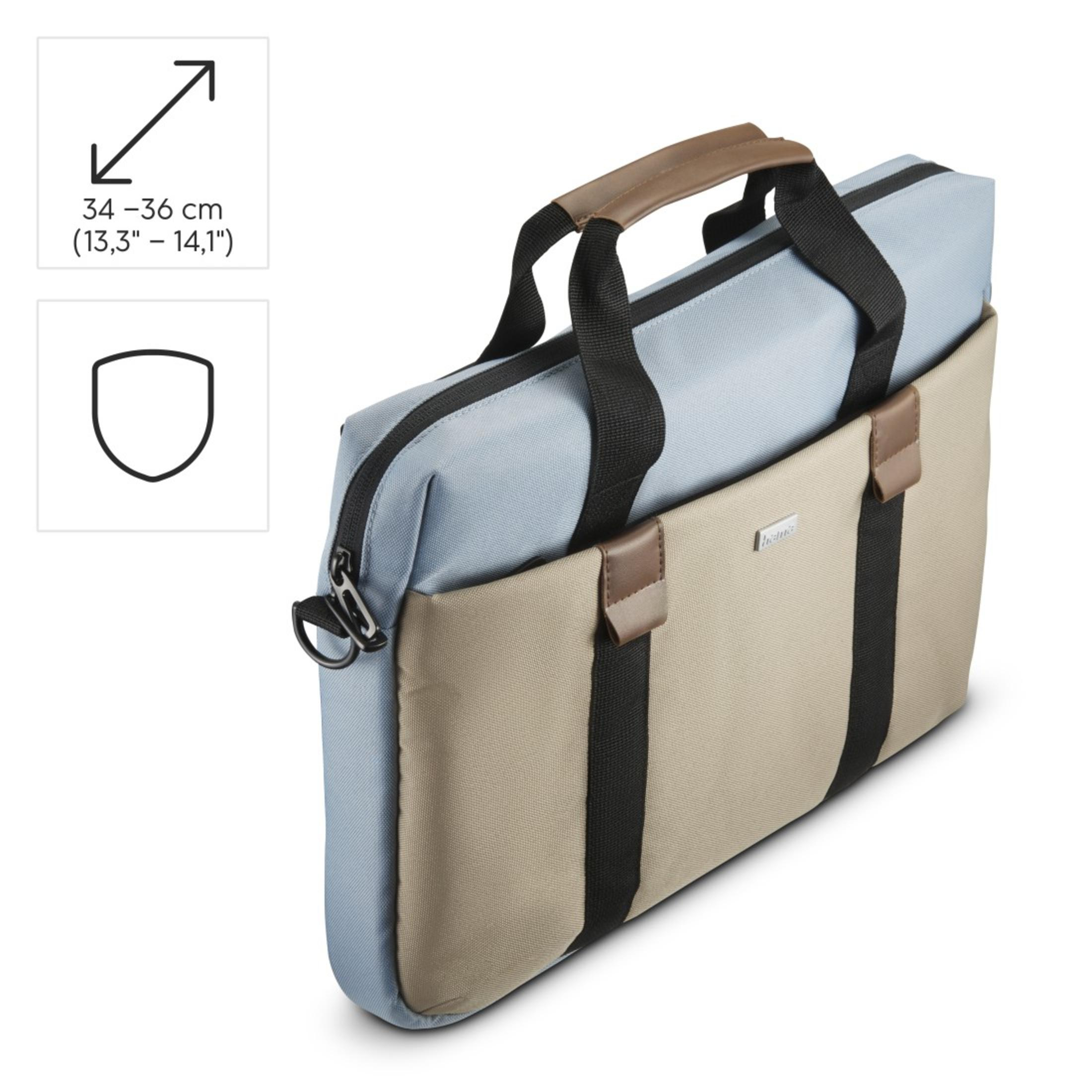 Jasnoniebieska i beżowa torba na laptopa. Torba ma uchwyt i pasek na ramię z logo marki.