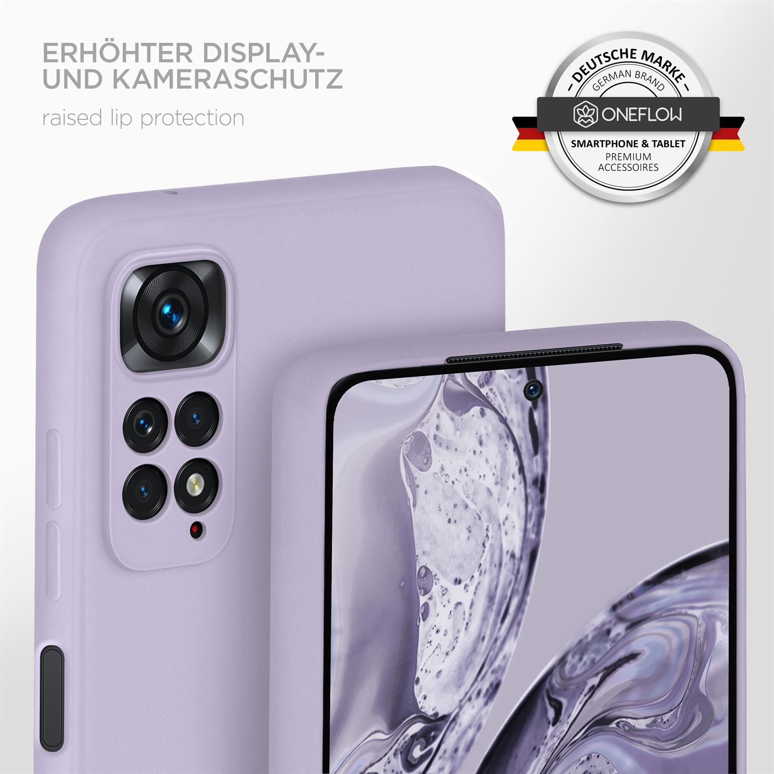 Zwei lila Handyhüllen, eine mit Kamera und ein Logo.
