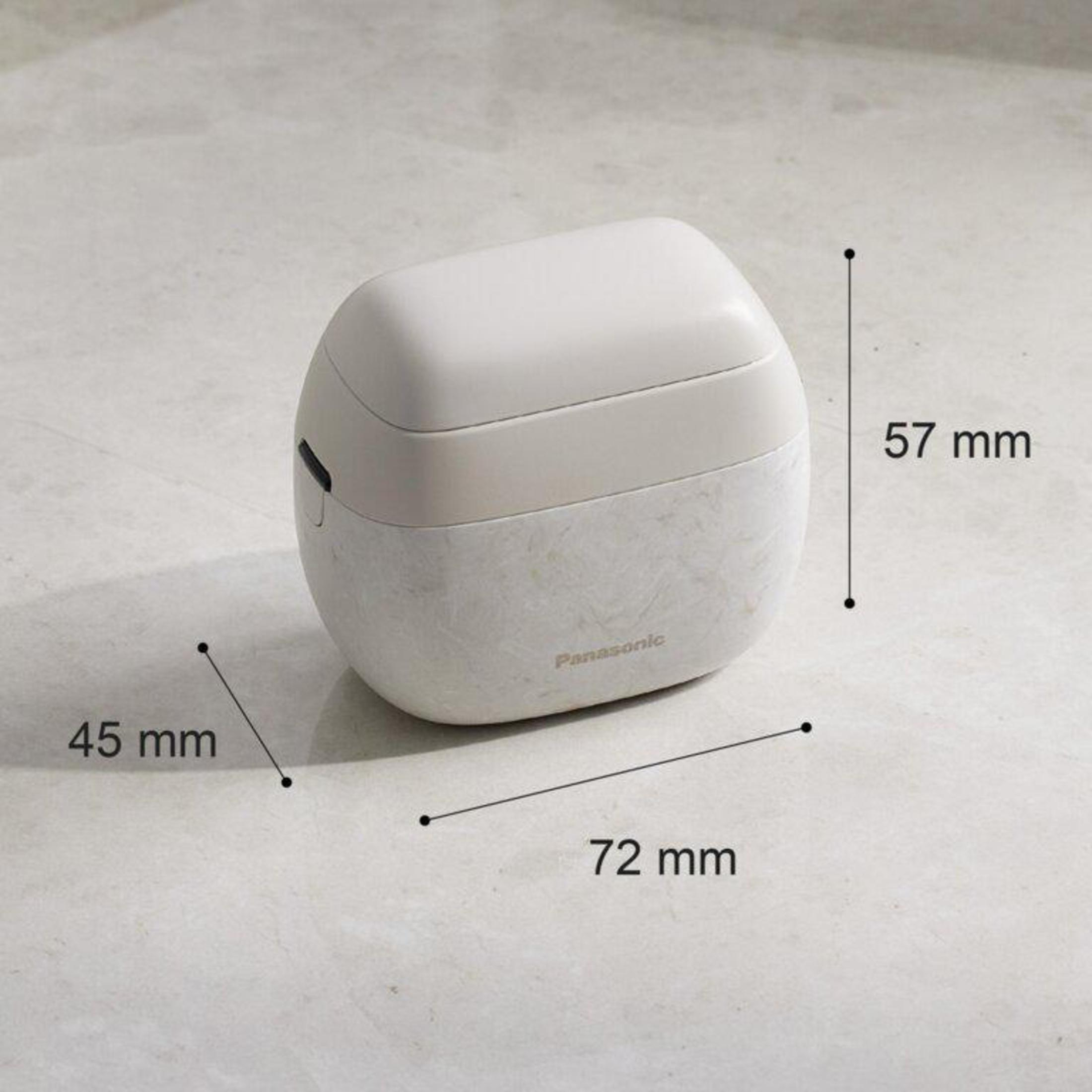 Biały i beżowy garnek do gotowania ryżu. Wymiary: 45 mm x 72 mm x 57 mm. Logo Panasonic.