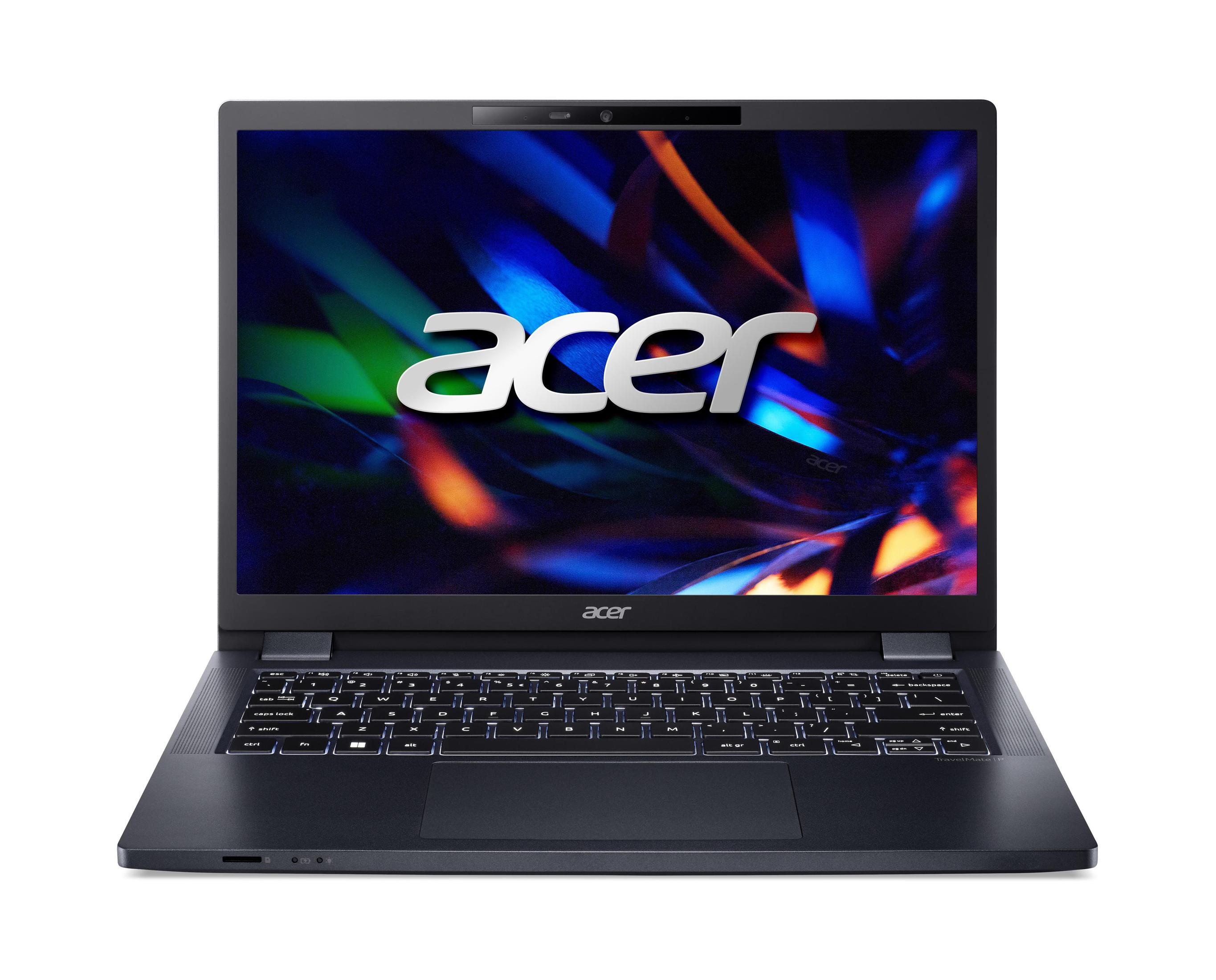 Laptop nero con logo Acer sullo schermo, su una superficie bianca.