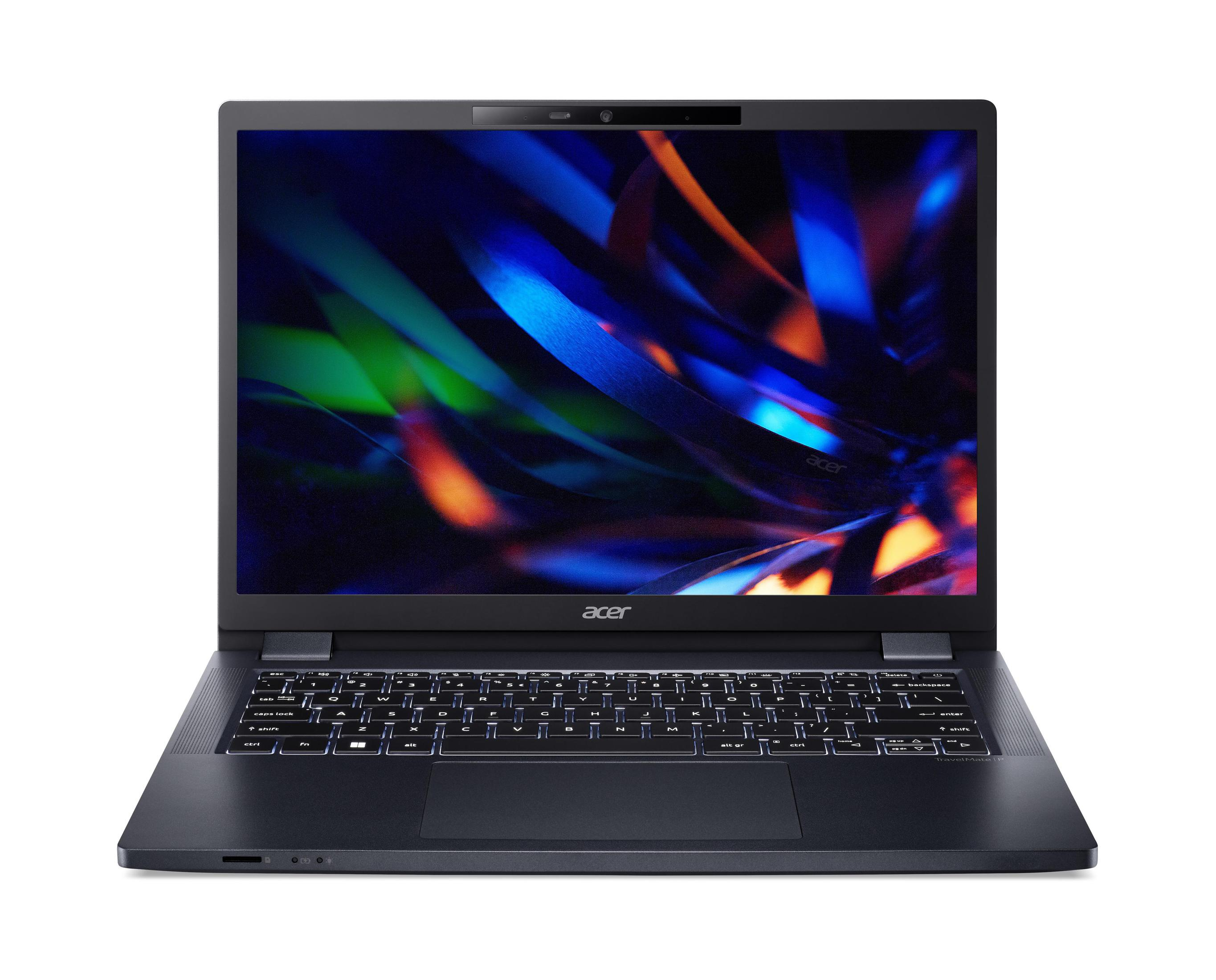 Laptop nero con tastiera illuminata, schermo con immagine colorata, su sfondo bianco.