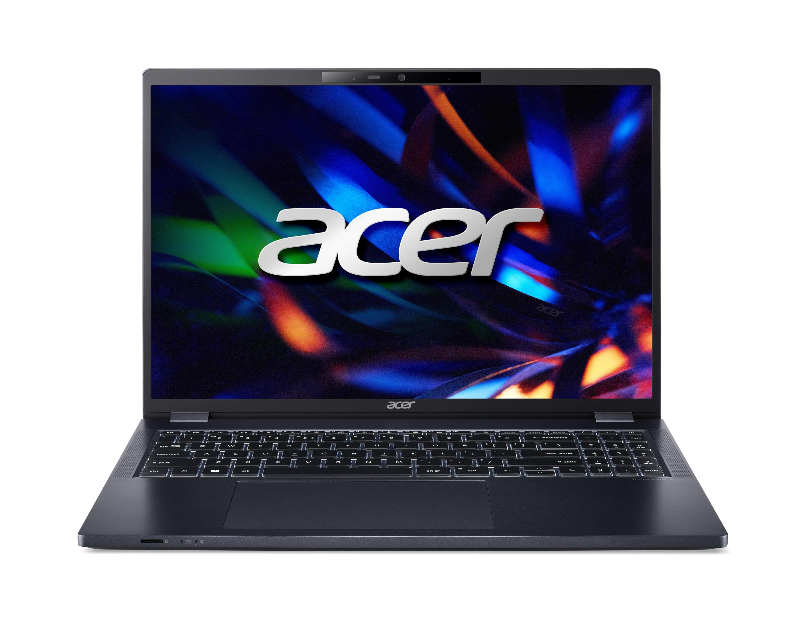 Un laptop Acer argentato su sfondo bianco, schermo acceso e che mostra un'immagine colorata.