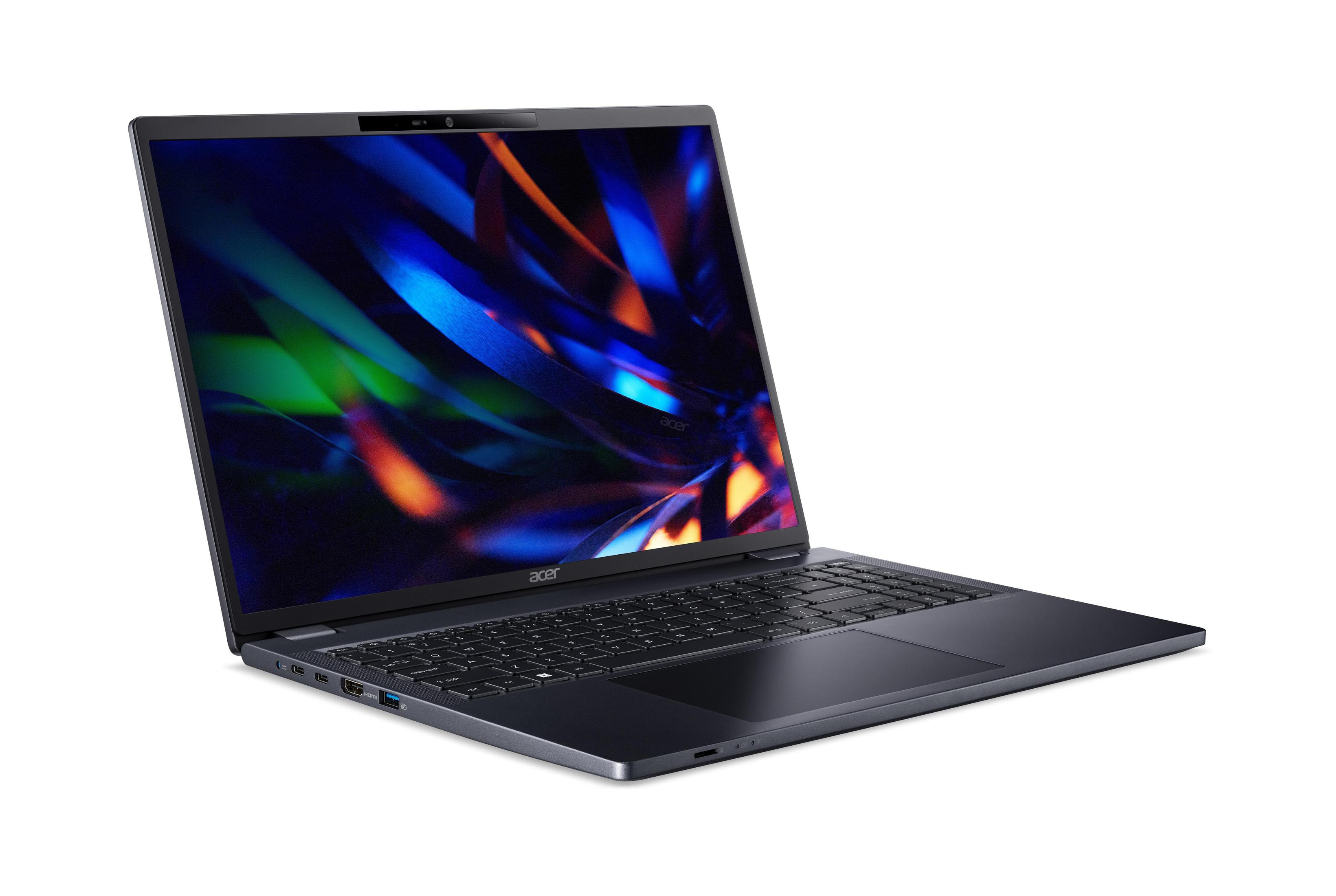 Laptop grigio scuro, aperto. Schermo mostra design astratto colorato. Logo Acer in basso.