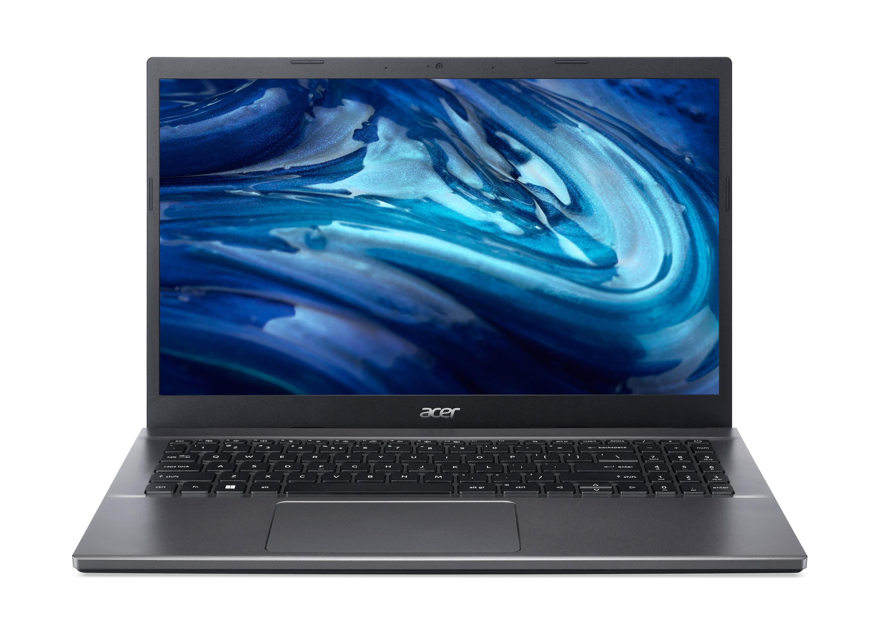 Acer Laptop mit dunkelgrauem Gehäuse und blau getöntem Bildschirm. Der Bildschirm zeigt ein Gemälde.