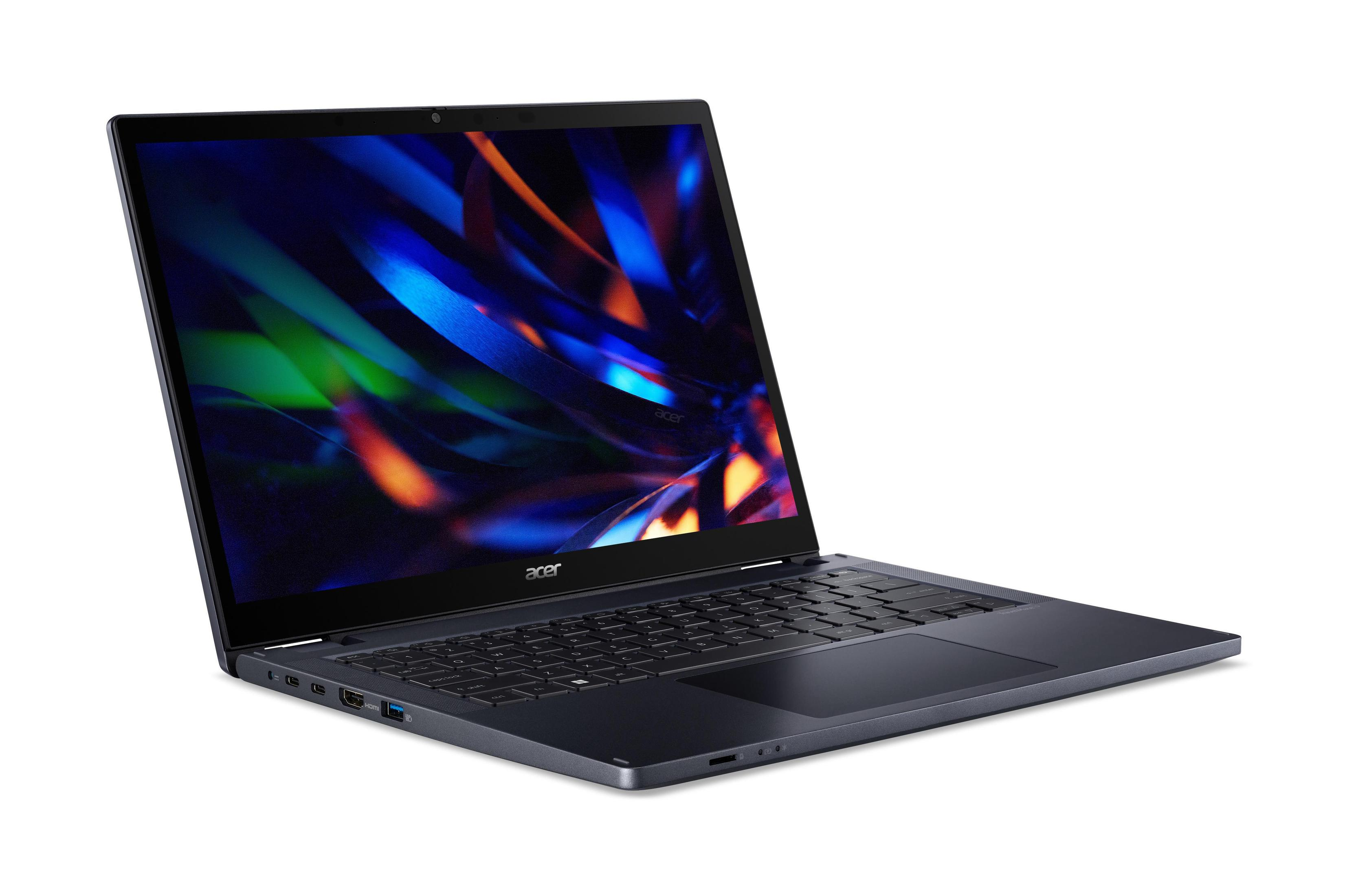 Laptop Acer, otwarty, na białej powierzchni. Ekran wyświetla niebieski i fioletowy wzór.