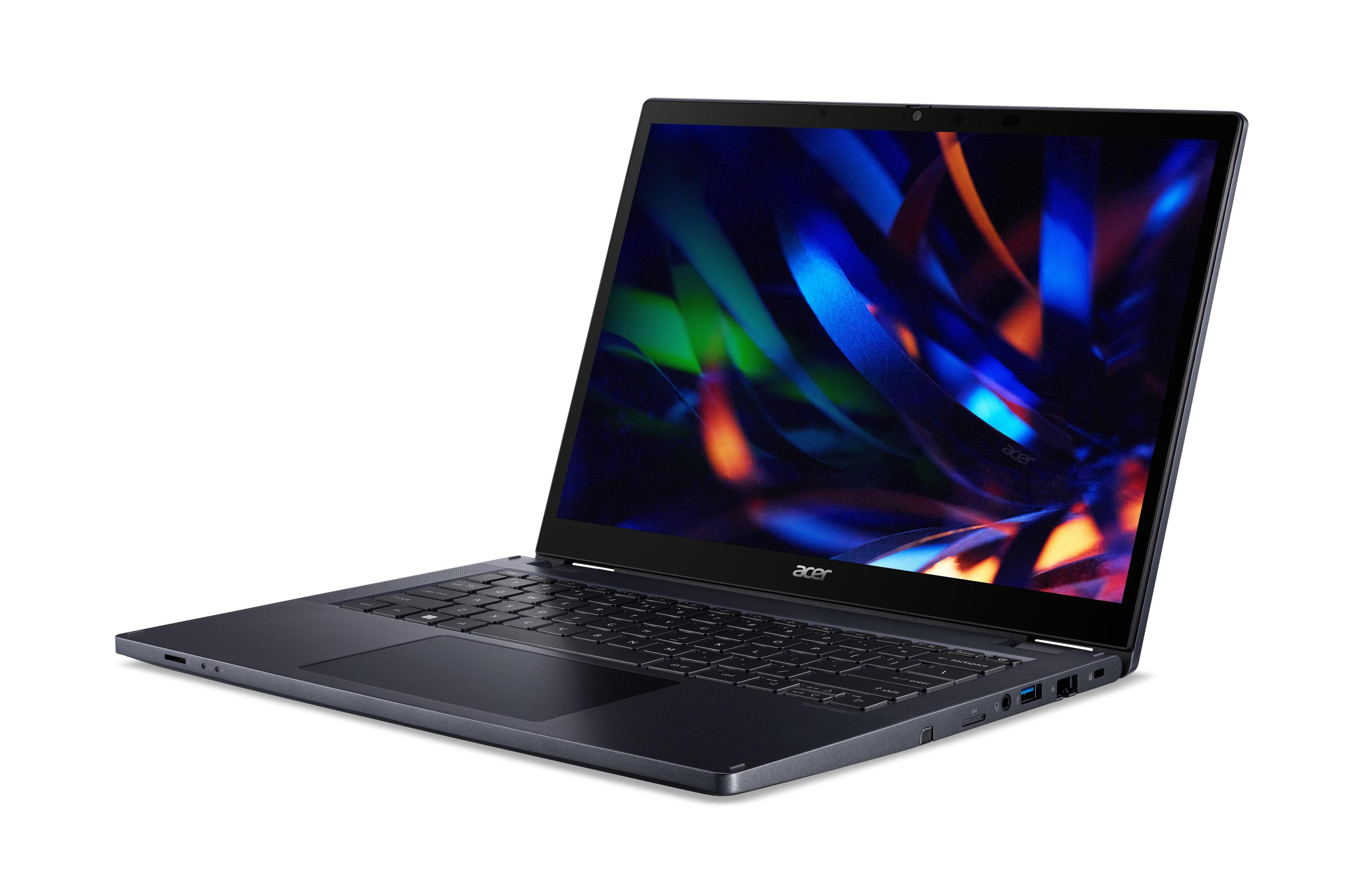 Ciemnoniebieski laptop firmy Acer jest otwarty, pokazując klawiaturę i ekran.