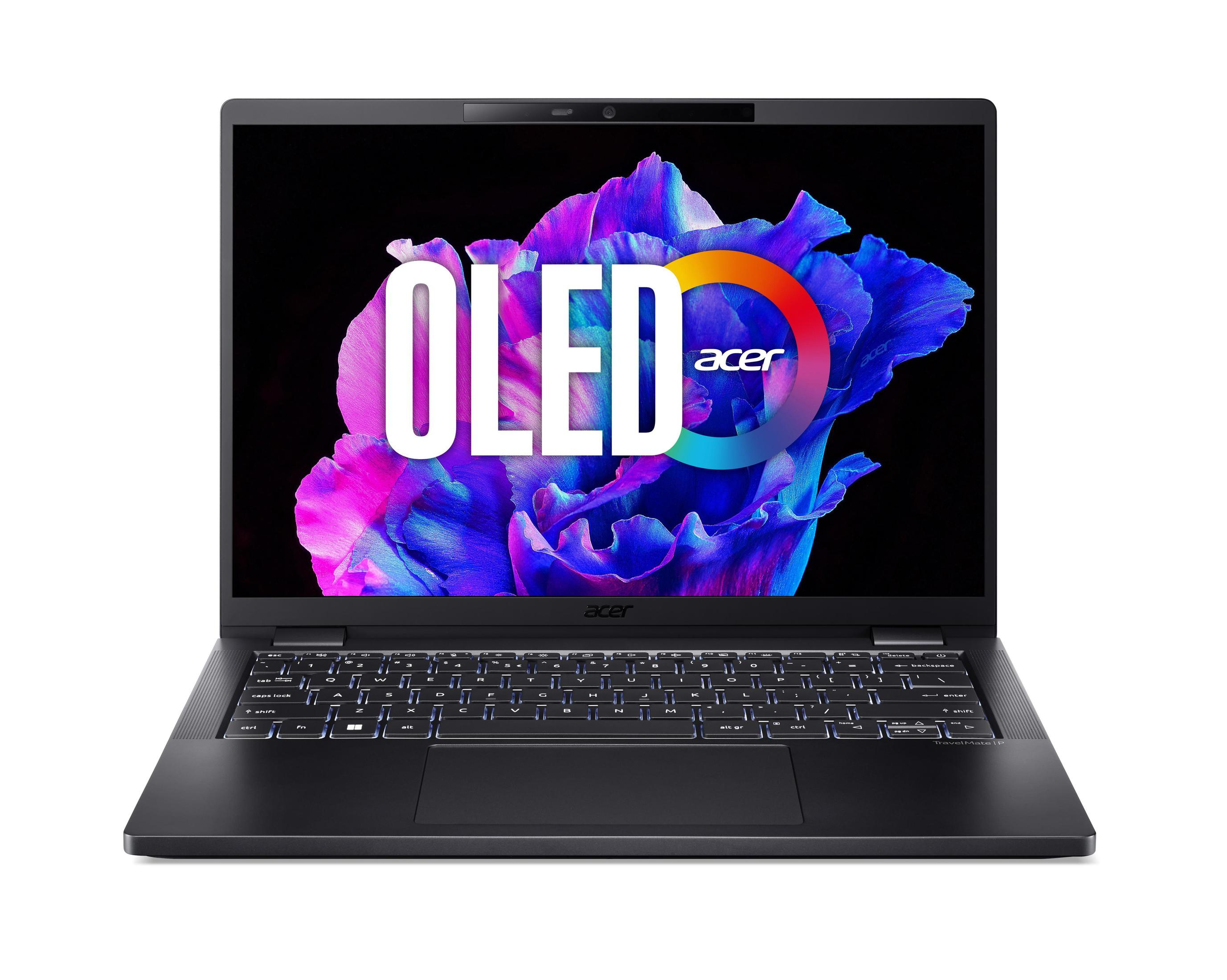 Laptop nero con schermo OLED, grafica colorata e logo Acer.