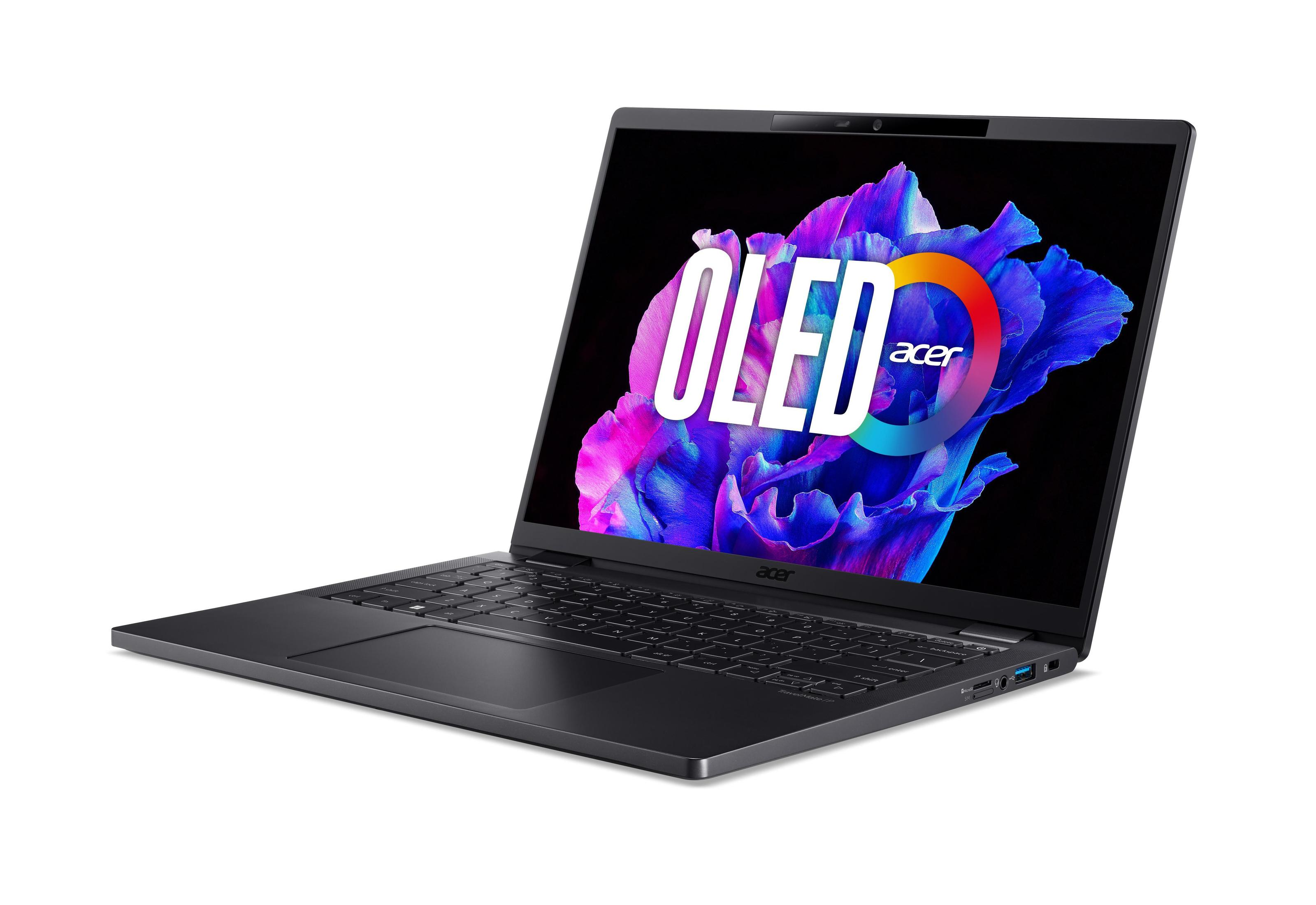 Un laptop nero con la parola OLED e il logo Acer sullo schermo. È aperto su sfondo bianco.