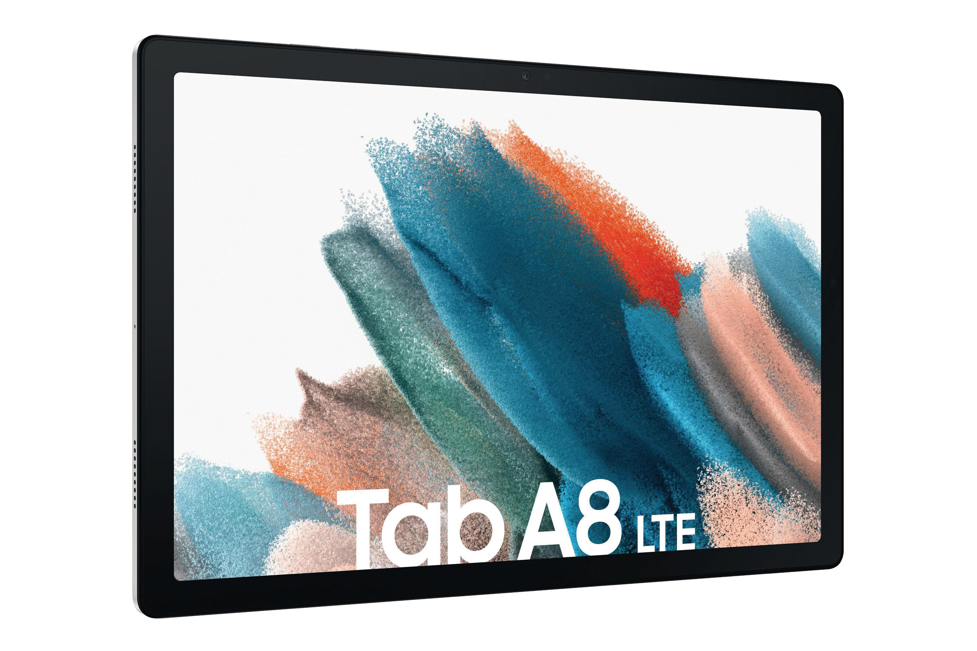 Un tablet con cornice nera e schermo bianco che mostra un'opera d'arte astratta colorata.