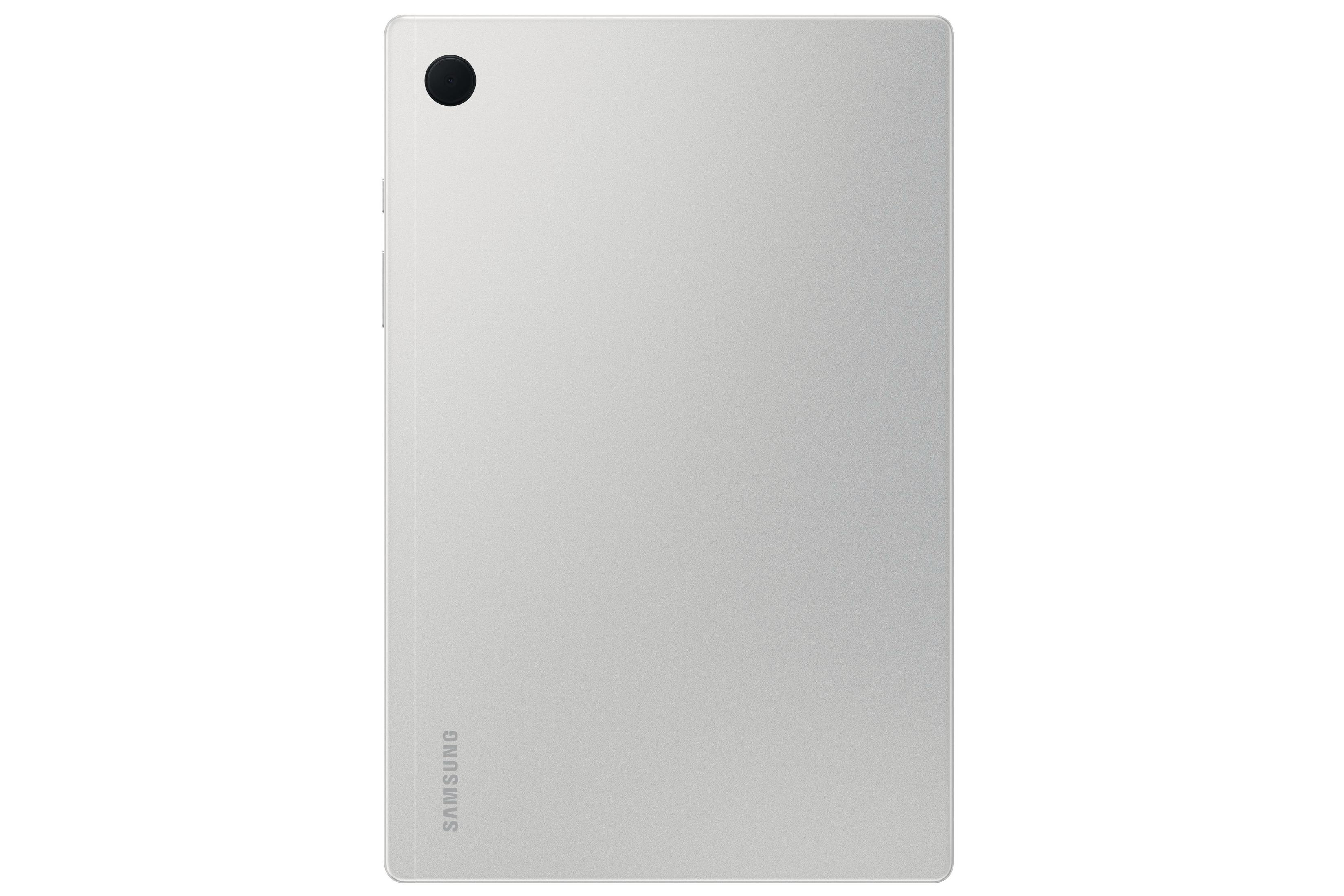 Vista posteriore di un tablet argentato con obiettivo nero e logo Samsung in basso.
