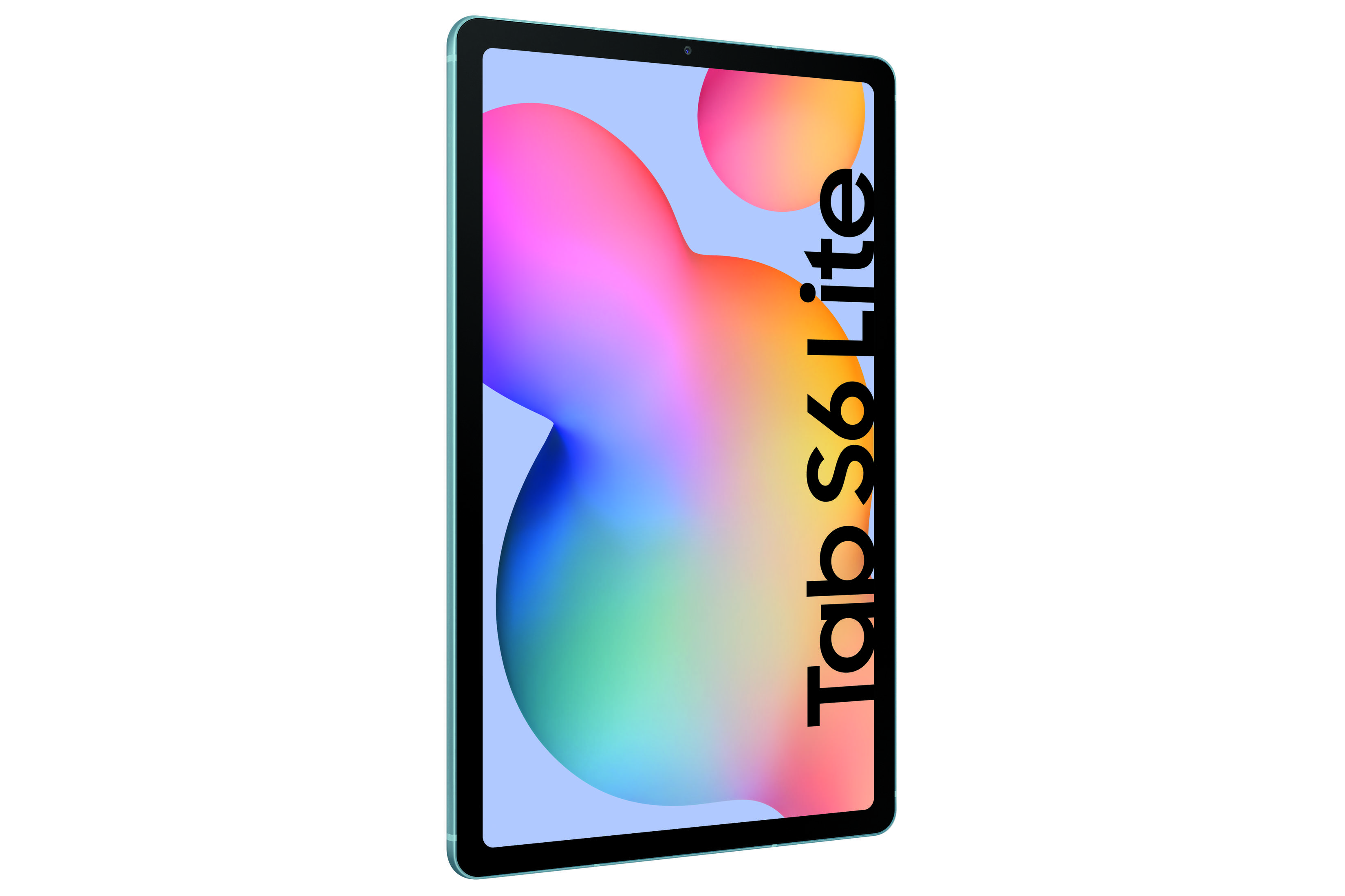 Niebiesko-zielony tablet Samsung z kolorowym, abstrakcyjnym tłem. Widoczny tekst 'Tab S6 Lite'.