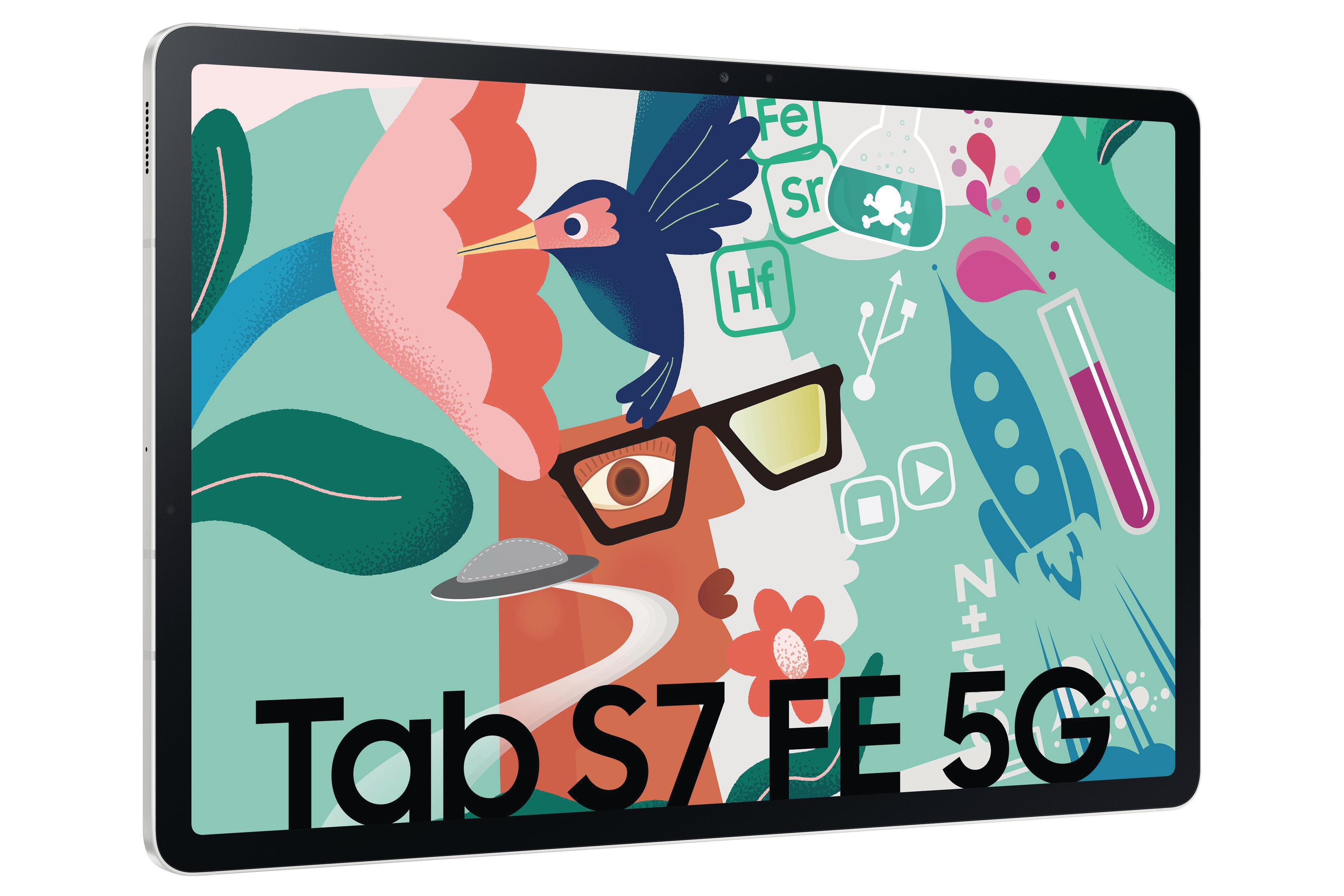 Tablet mit farbenfroher Kunst auf dem Bildschirm, sagt Tab S7 FE 5G. Weißer Hintergrund.
