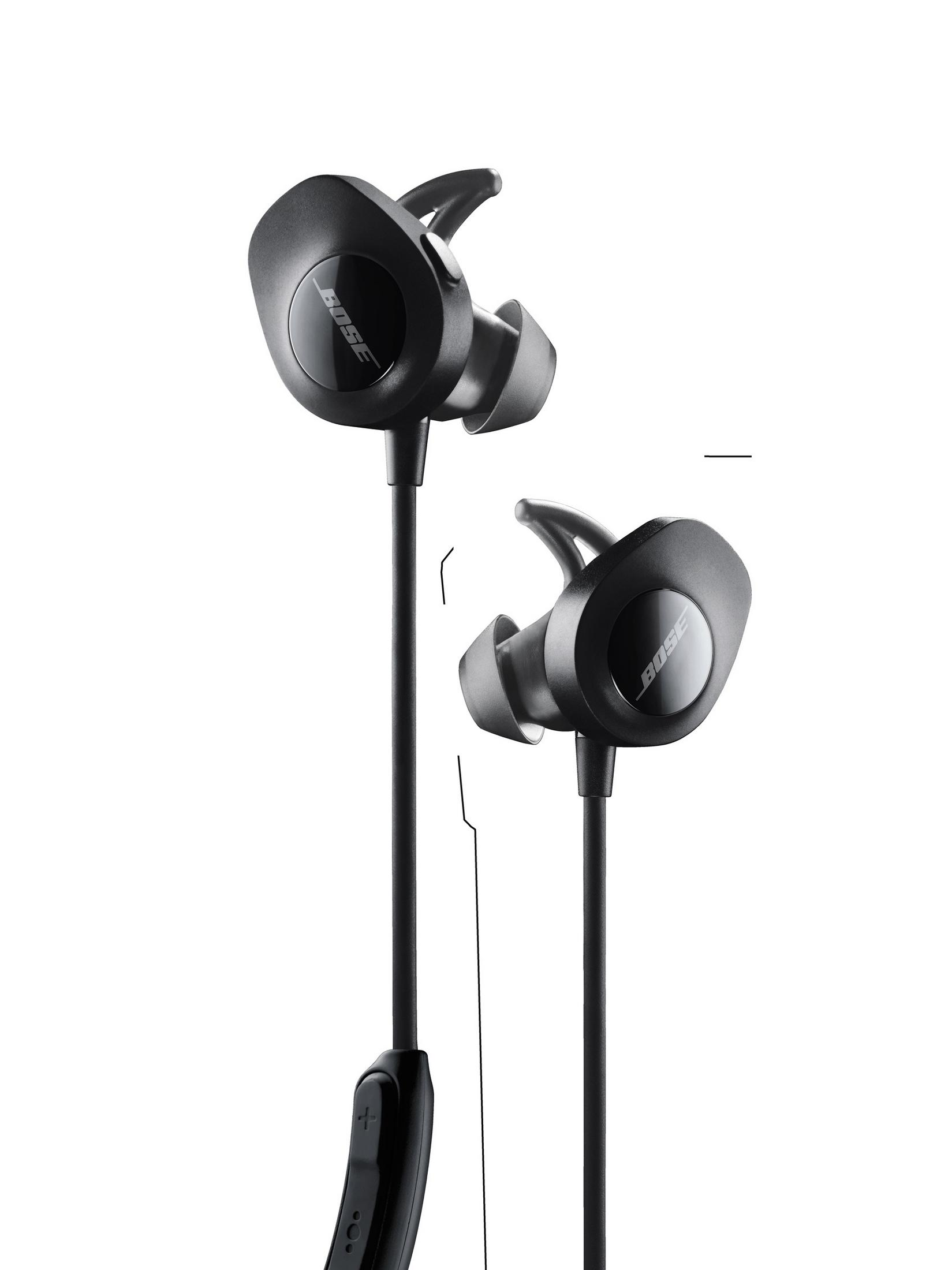 Dos auriculares Bose negros. El fondo es blanco.
