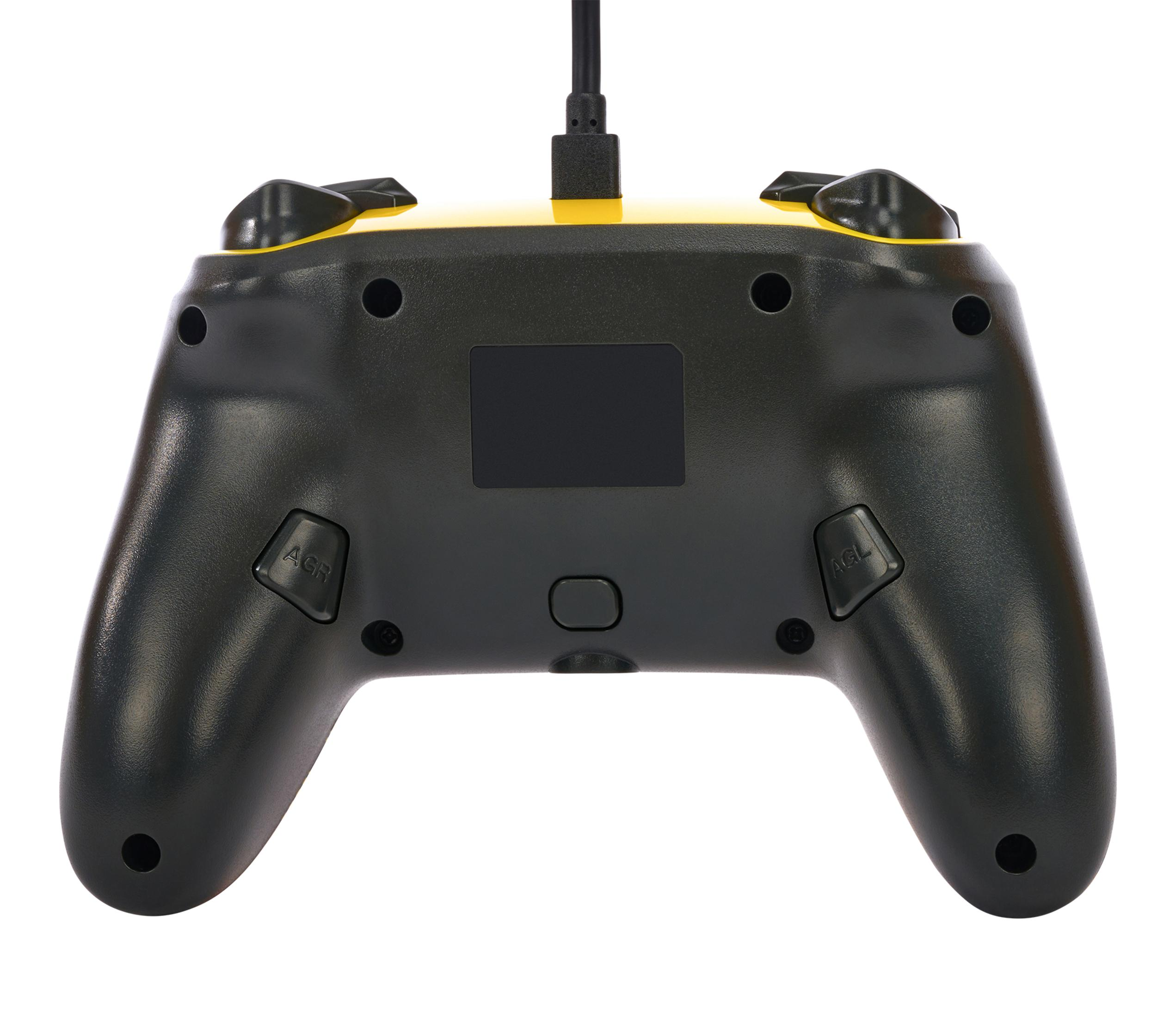 Czarny i żółty gamepad, widok z tyłu. Posiada przyciski i podłączony kabel USB.