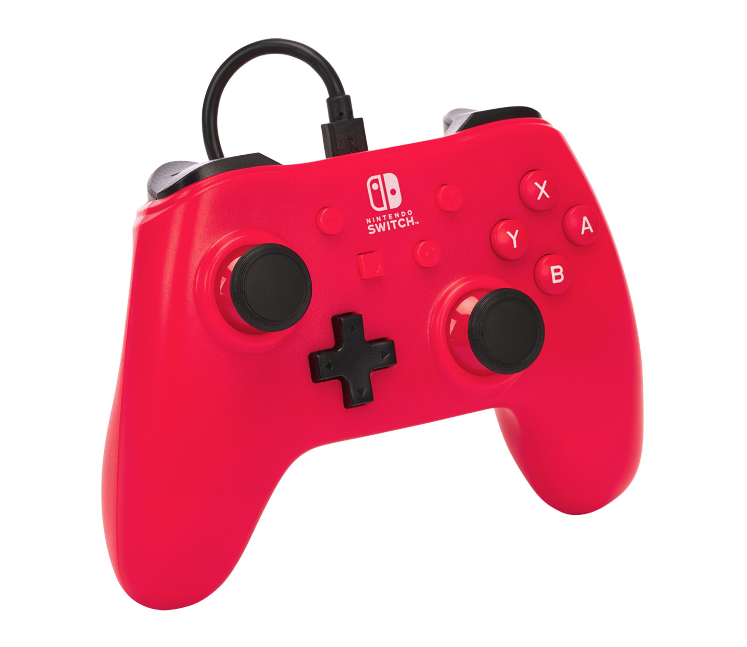 Roter Nintendo Switch Controller mit Knöpfen, schwarzem Kabel, weißem Hintergrund.