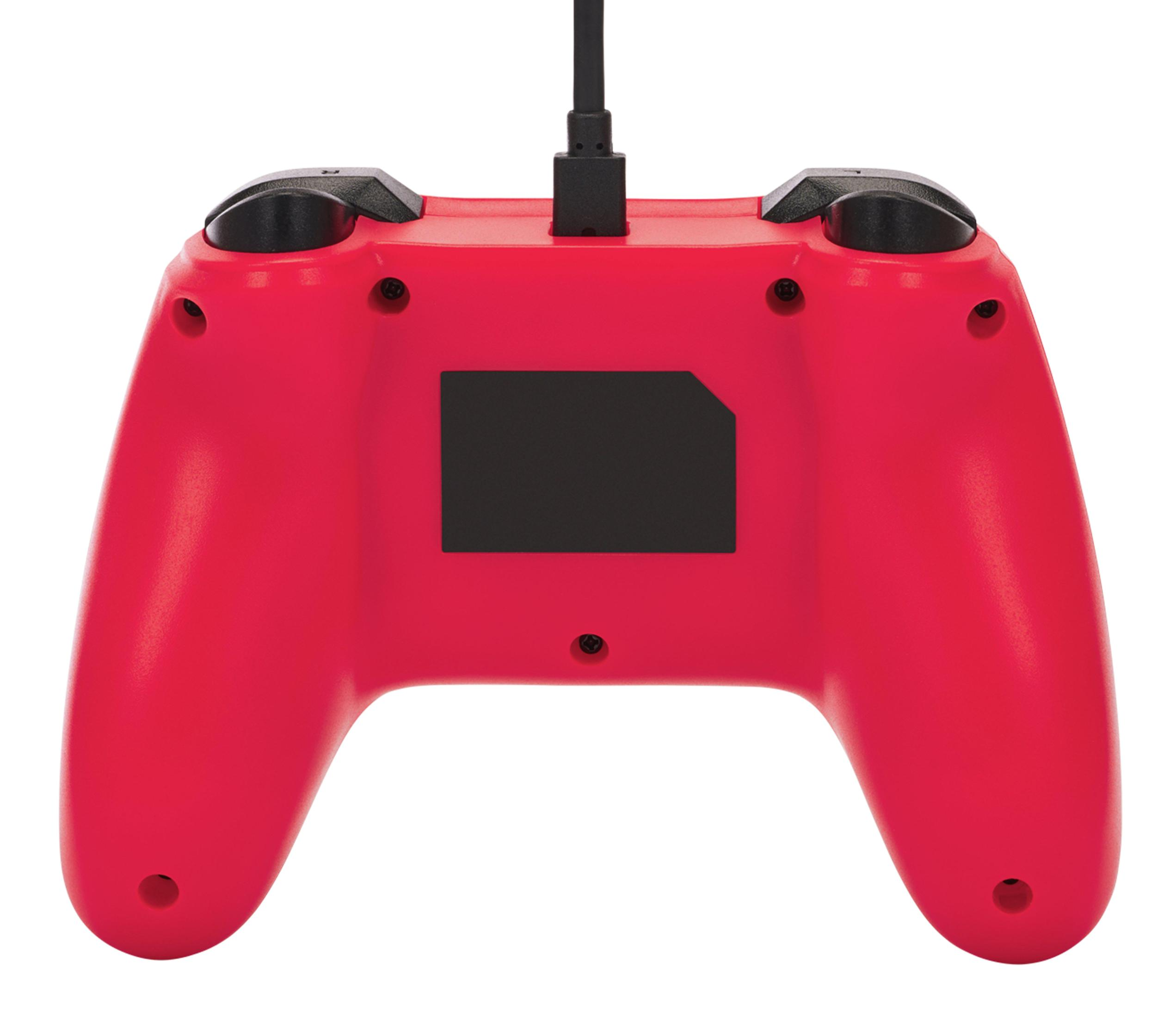 Rotes Gamepad mit schwarzem Kabel. Zwei schwarze Analogsticks und schwarze Knöpfe hinten.