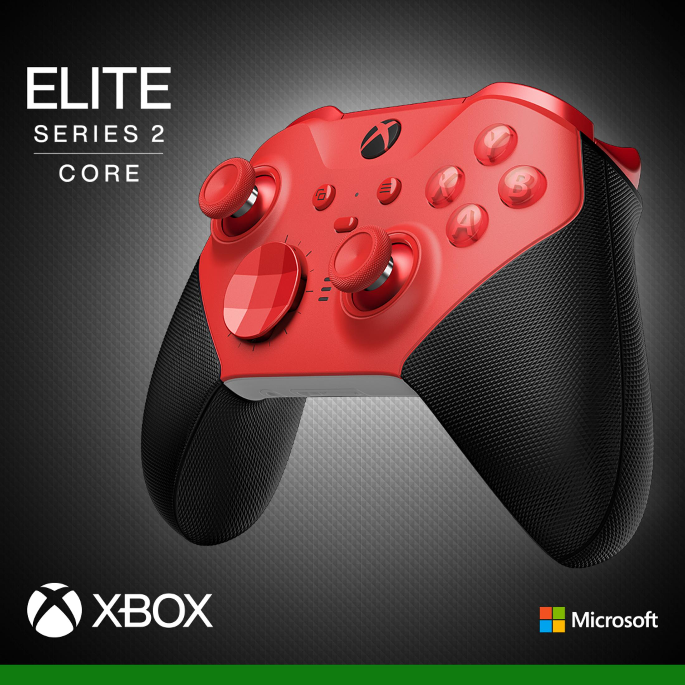 Un mando rojo Xbox Elite Series 2 Core sobre una superficie gris oscuro.