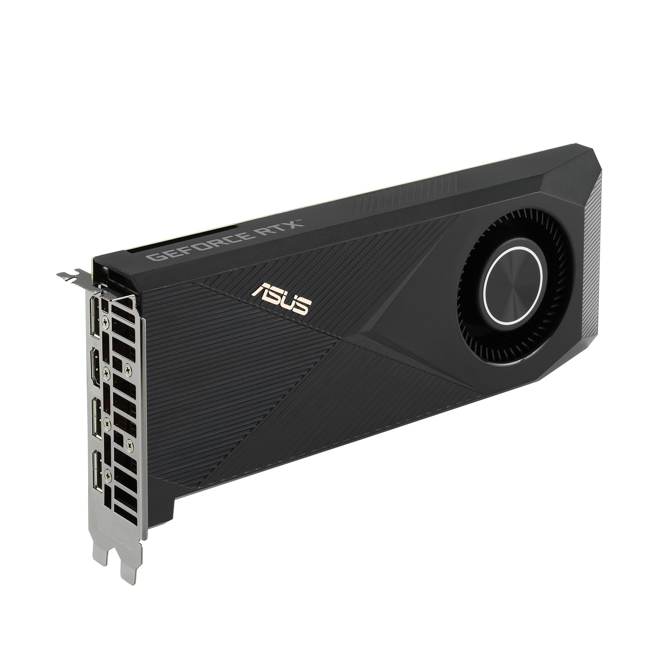 Scheda grafica Asus GeForce RTX. Nera con una grande ventola sul lato. 'GEFORCE RTX' e 'ASUS'.