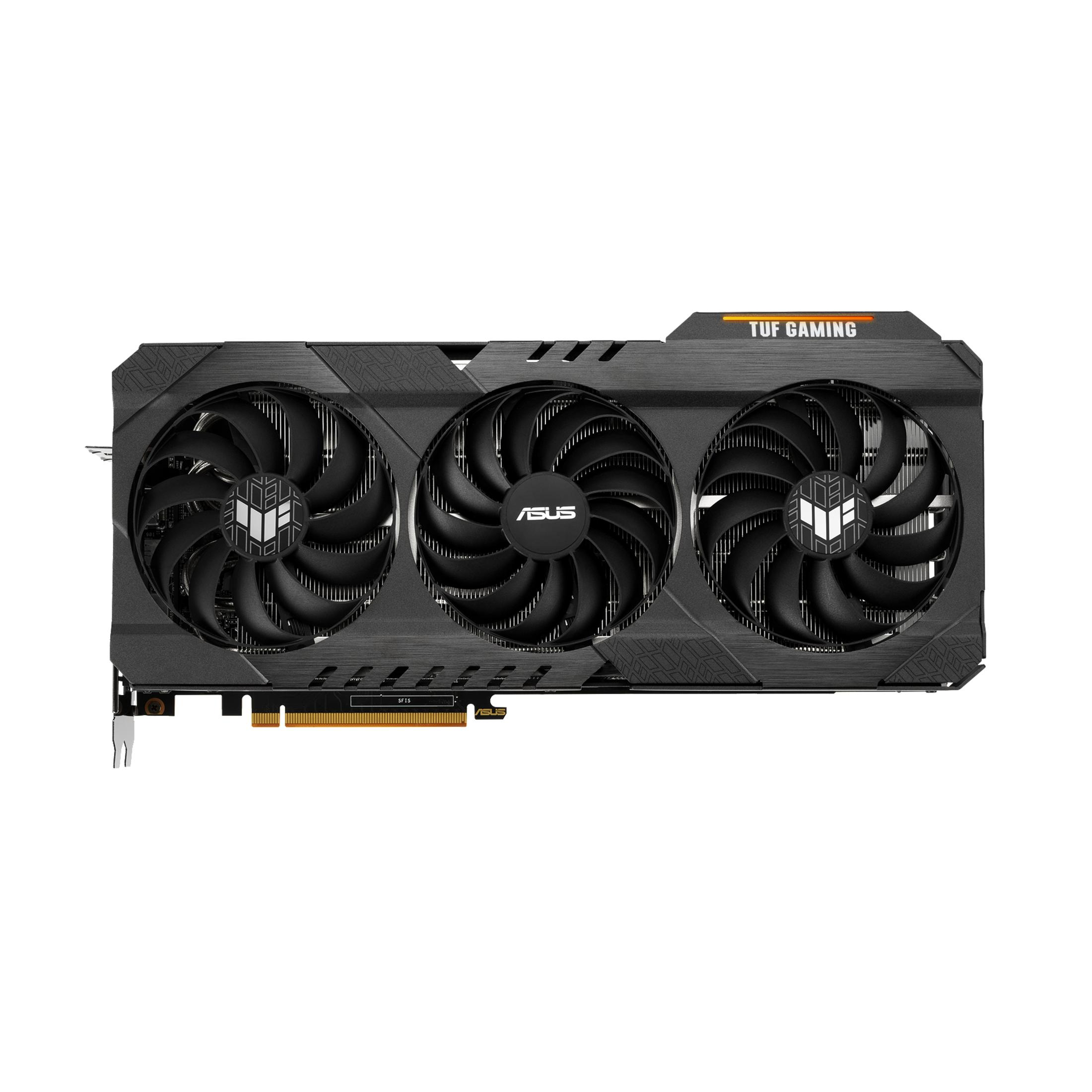 Scheda grafica nera e grigia con tre ventole. Loghi ASUS e TUF GAMING visibili.