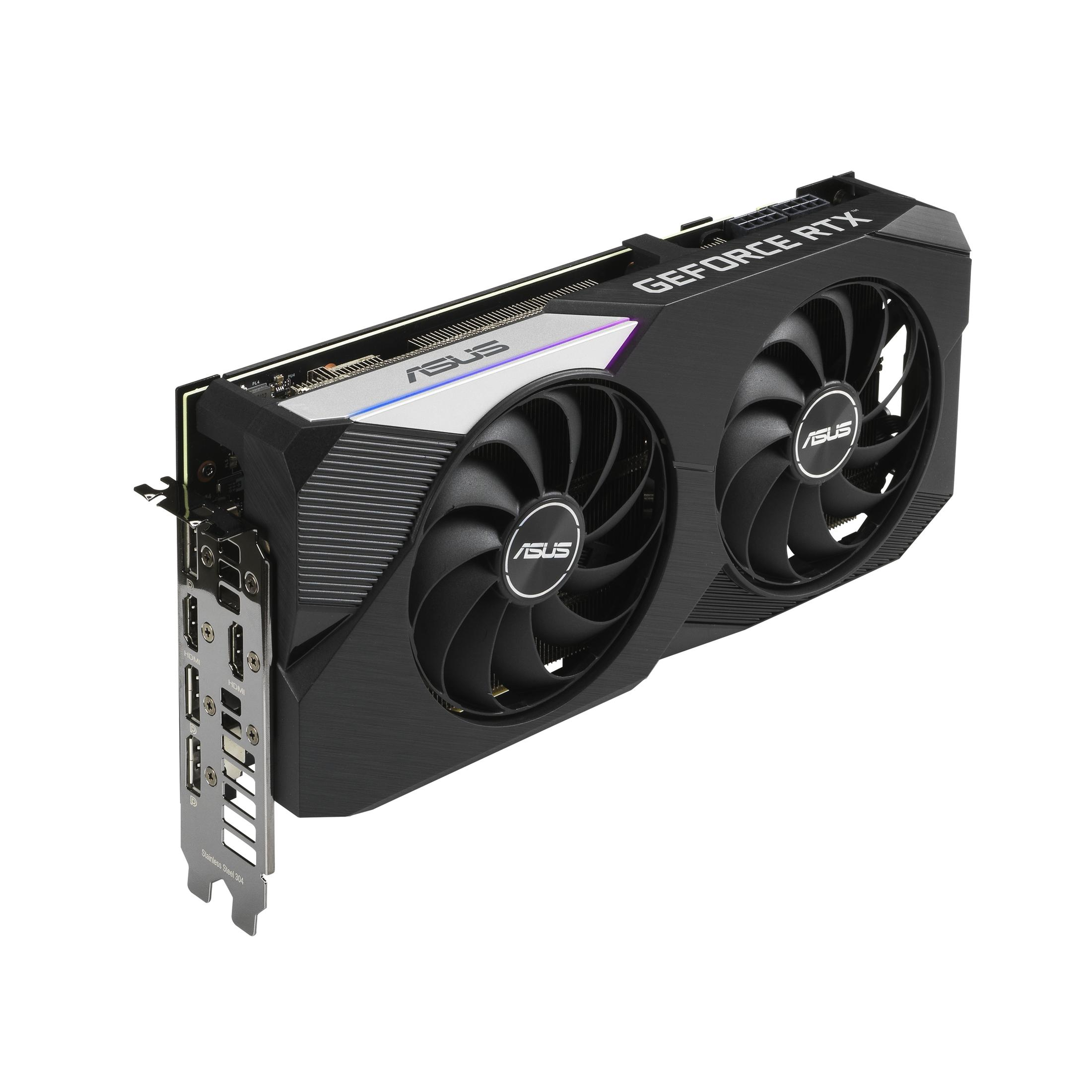 Una scheda grafica nera e argento. Ha due ventole e il marchio ASUS. Le ventole sono nere.