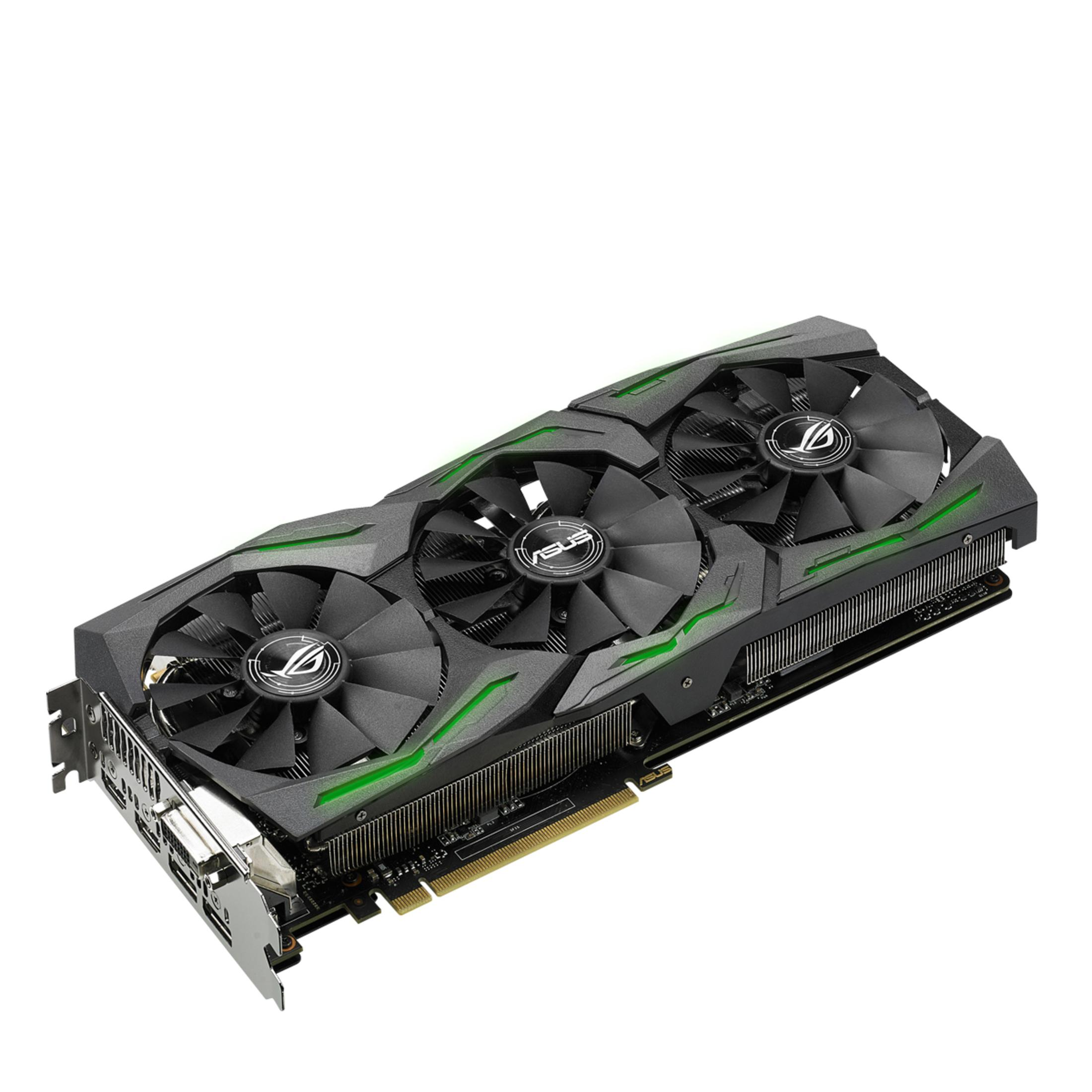 ASUS Grafikkarte mit drei Lüftern. Die Karte hat ein schwarz-graues Design mit grünen Akzenten.